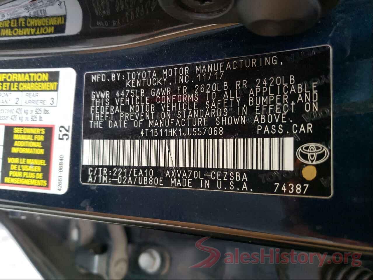 4T1B11HK1JU557068 2018 TOYOTA CAMRY