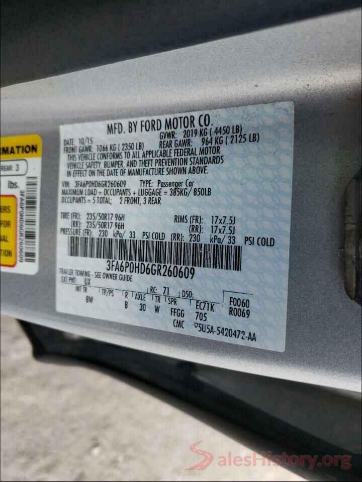 3FA6P0HD6GR260609 2016 FORD FUSION