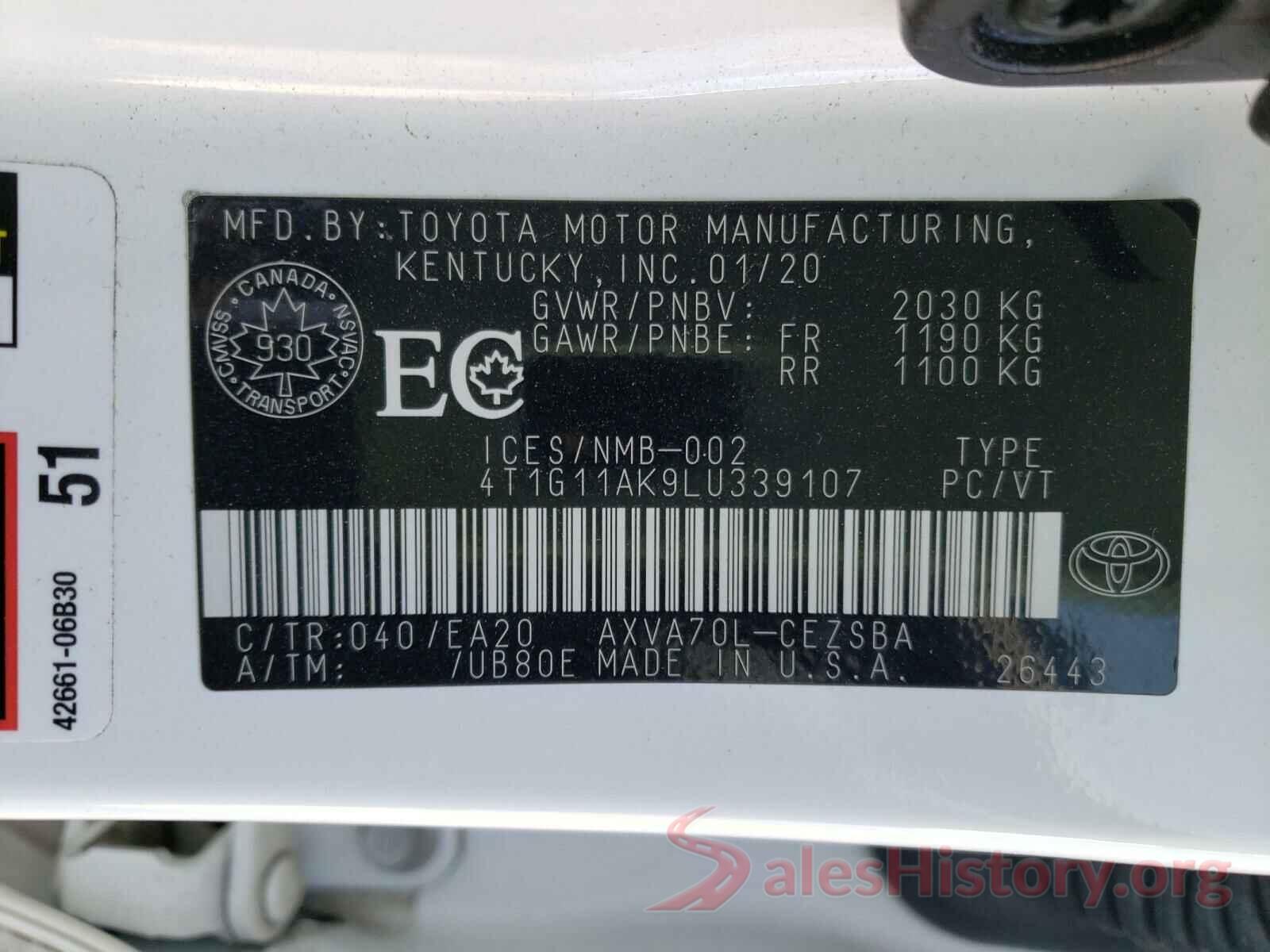 4T1G11AK9LU339107 2020 TOYOTA CAMRY