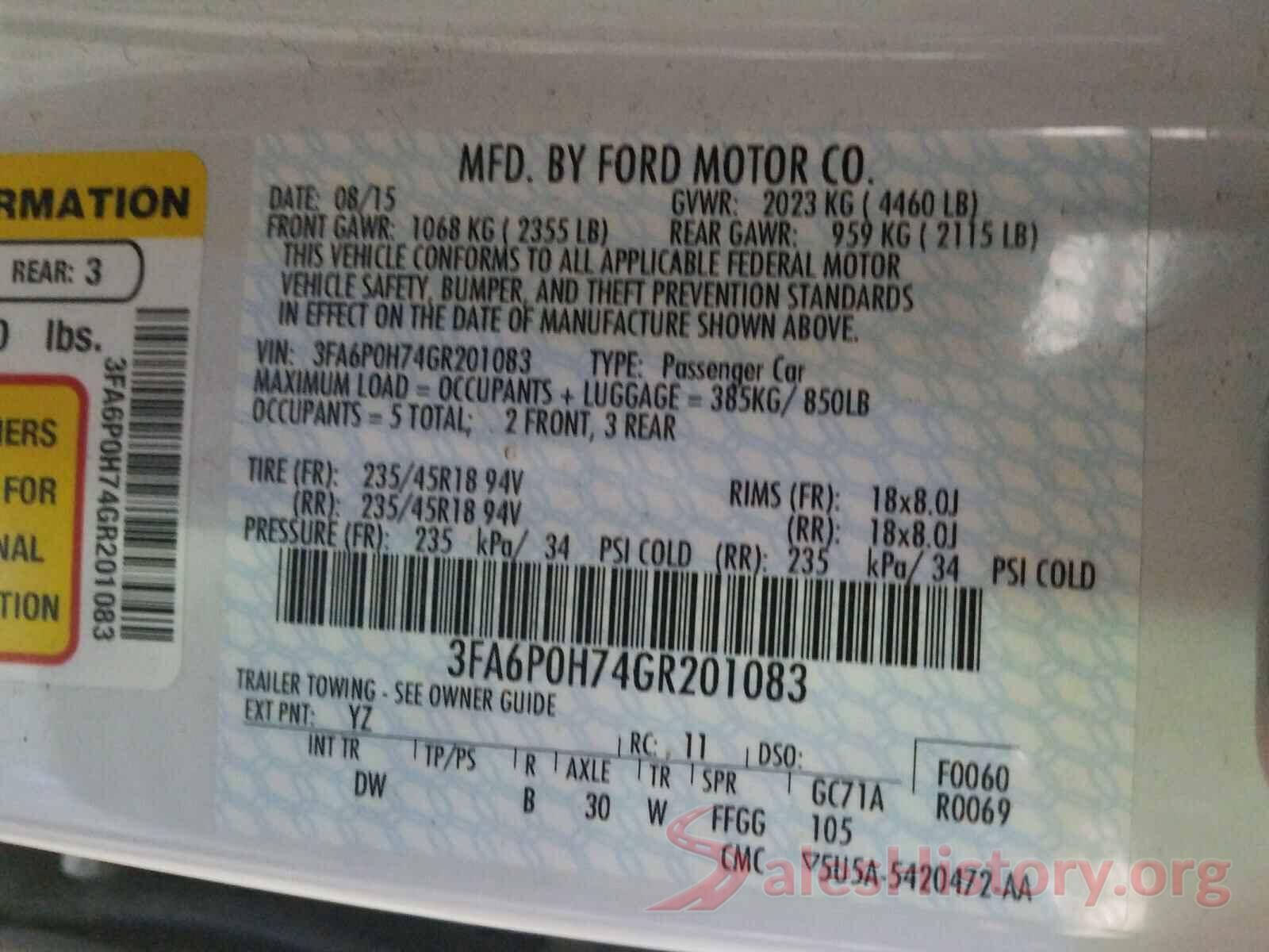 3FA6P0H74GR201083 2016 FORD FUSION