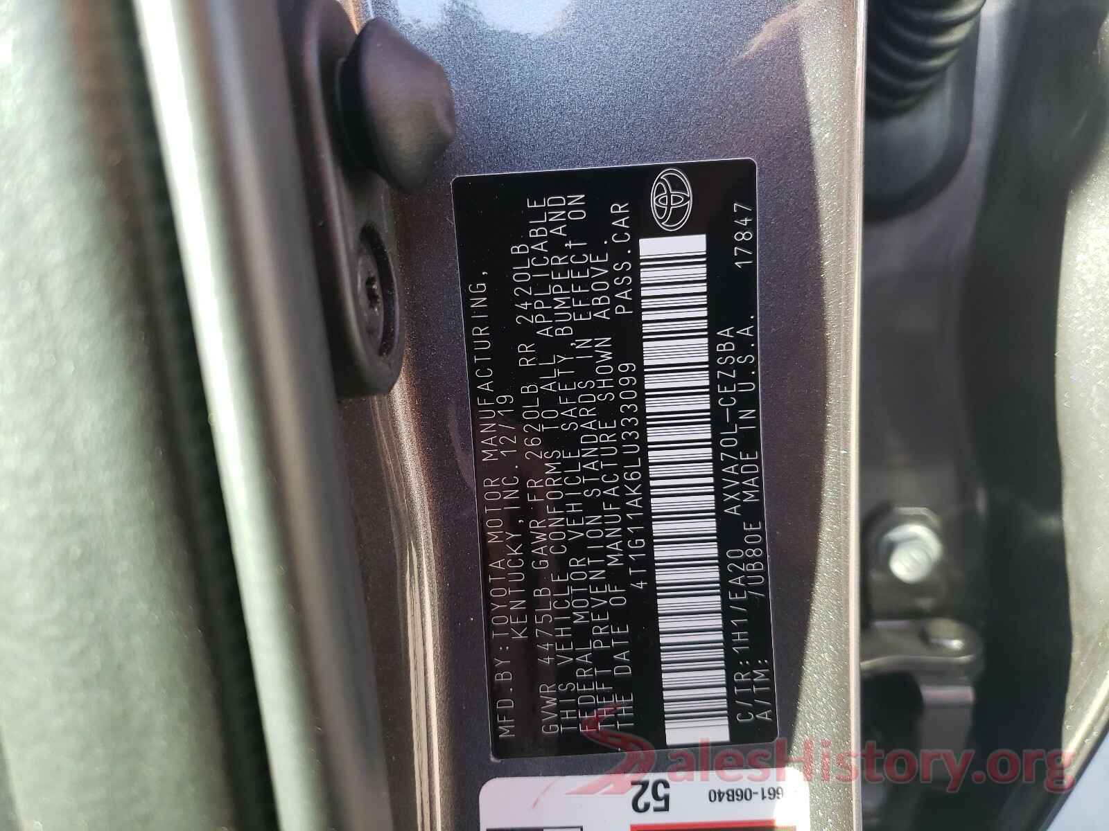 4T1G11AK6LU333099 2020 TOYOTA CAMRY