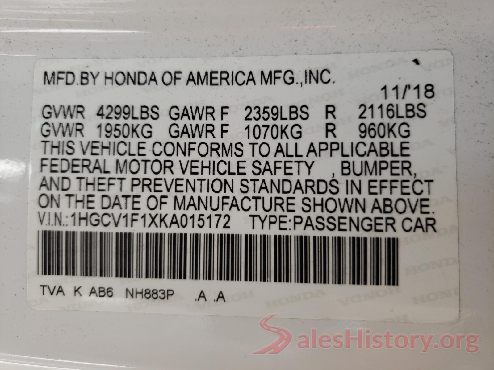 1HGCV1F1XKA015172 2019 HONDA ACCORD