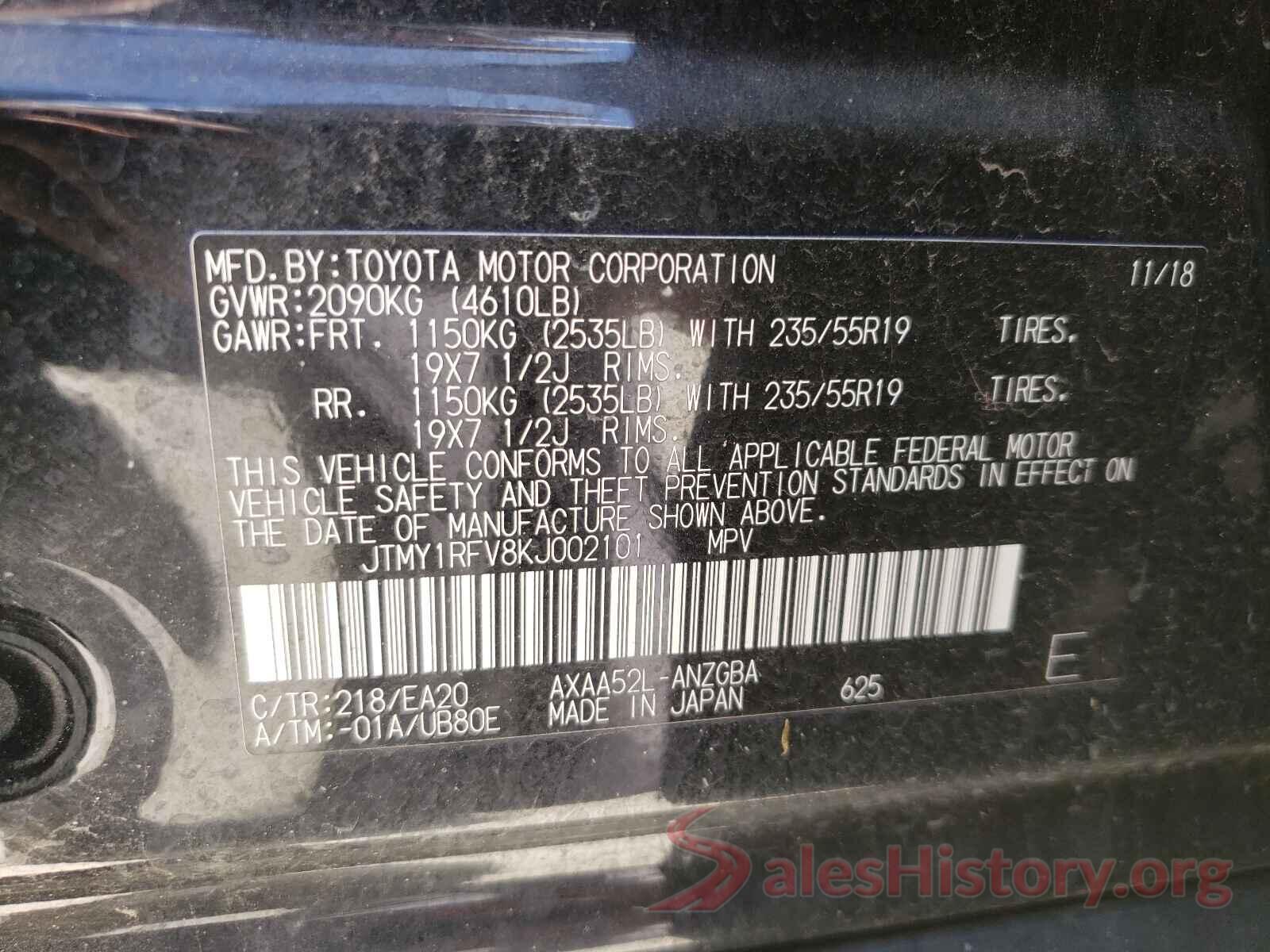 JTMY1RFV8KJ002101 2019 TOYOTA RAV4