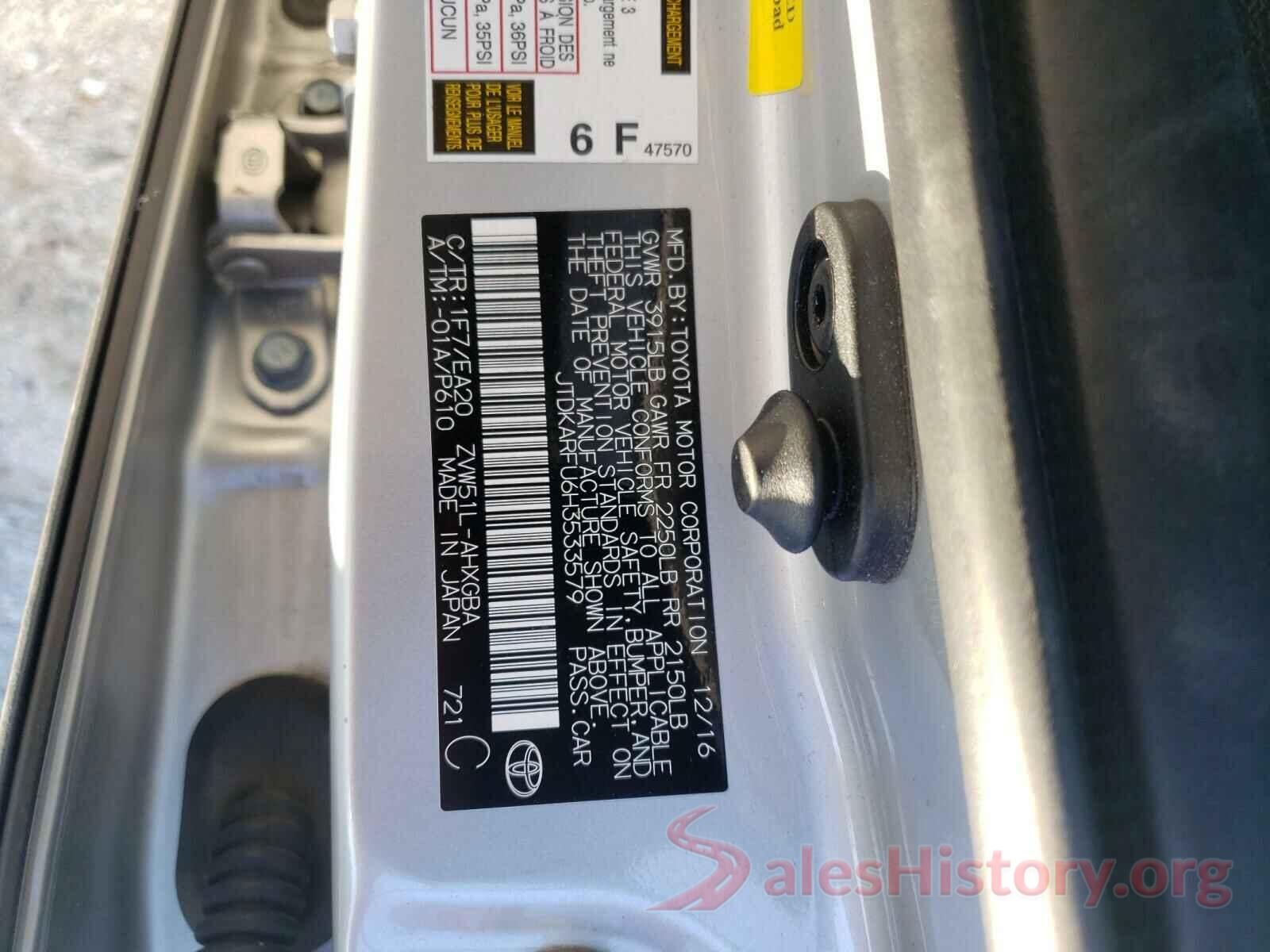 JTDKARFU6H3533579 2017 TOYOTA PRIUS