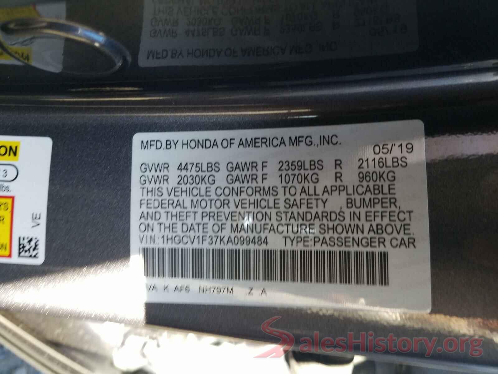 1HGCV1F37KA099484 2019 HONDA ACCORD