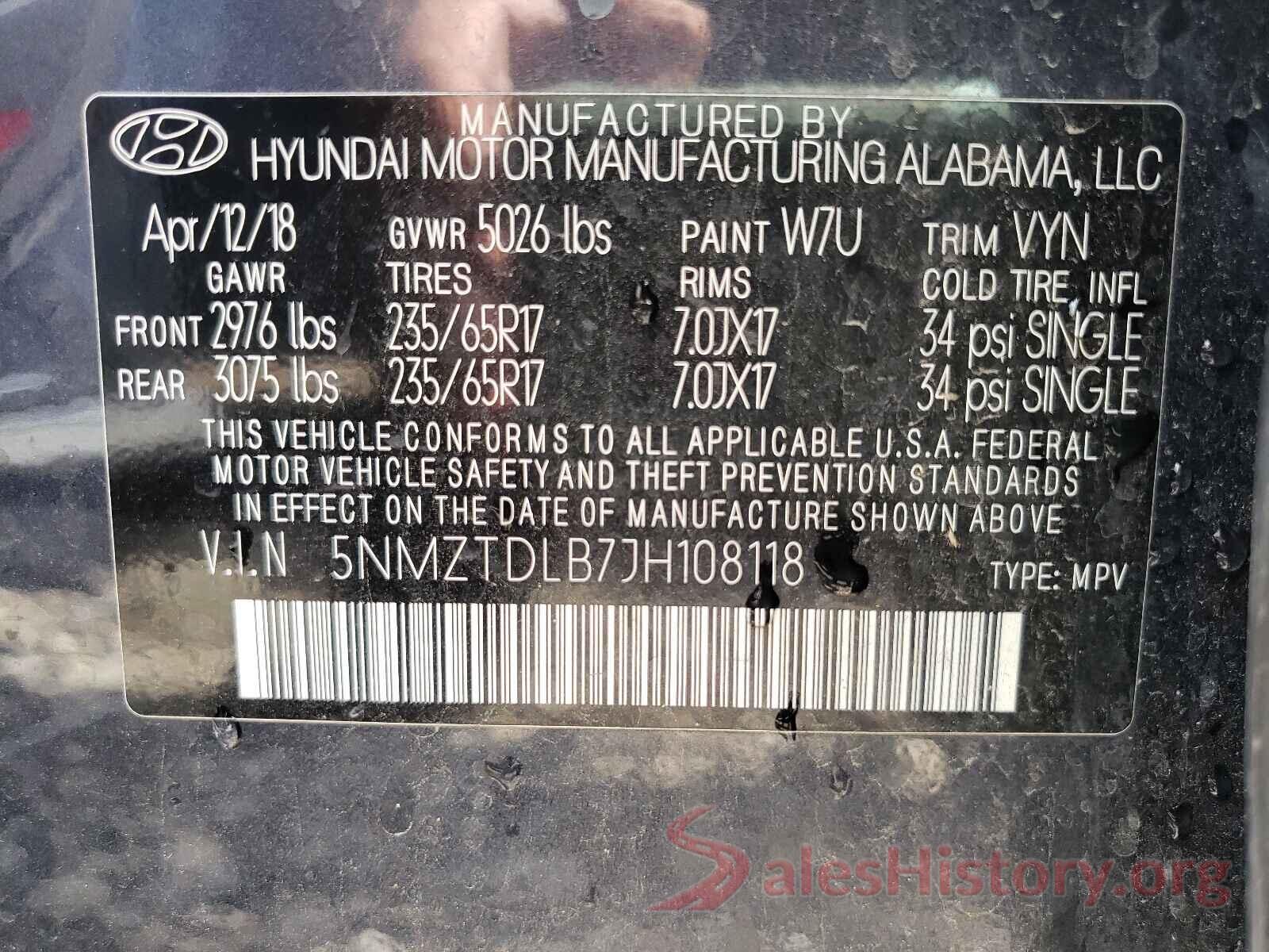 5NMZTDLB7JH108118 2018 HYUNDAI SANTA FE