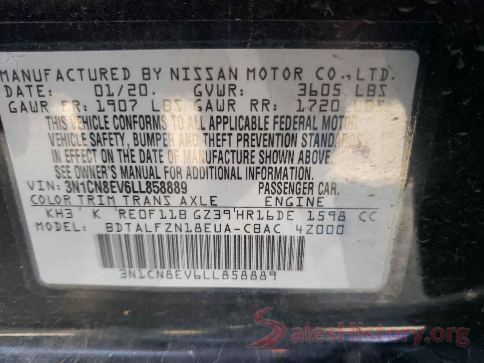 3N1CN8EV6LL858889 2020 NISSAN VERSA