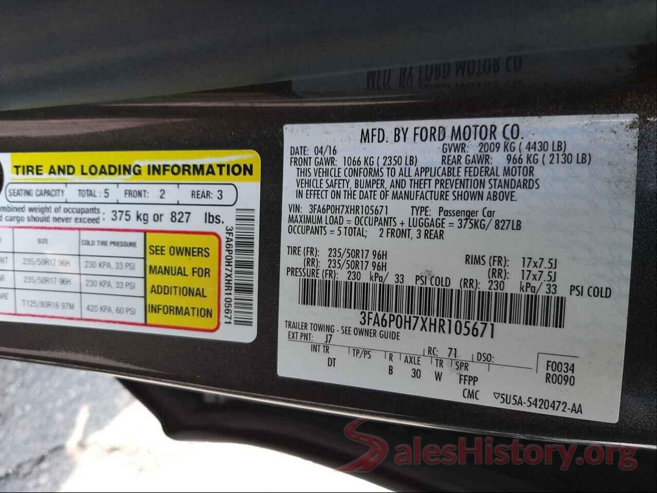 3FA6P0H7XHR105671 2017 FORD FUSION