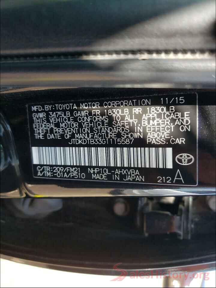 JTDKDTB33G1115587 2016 TOYOTA PRIUS