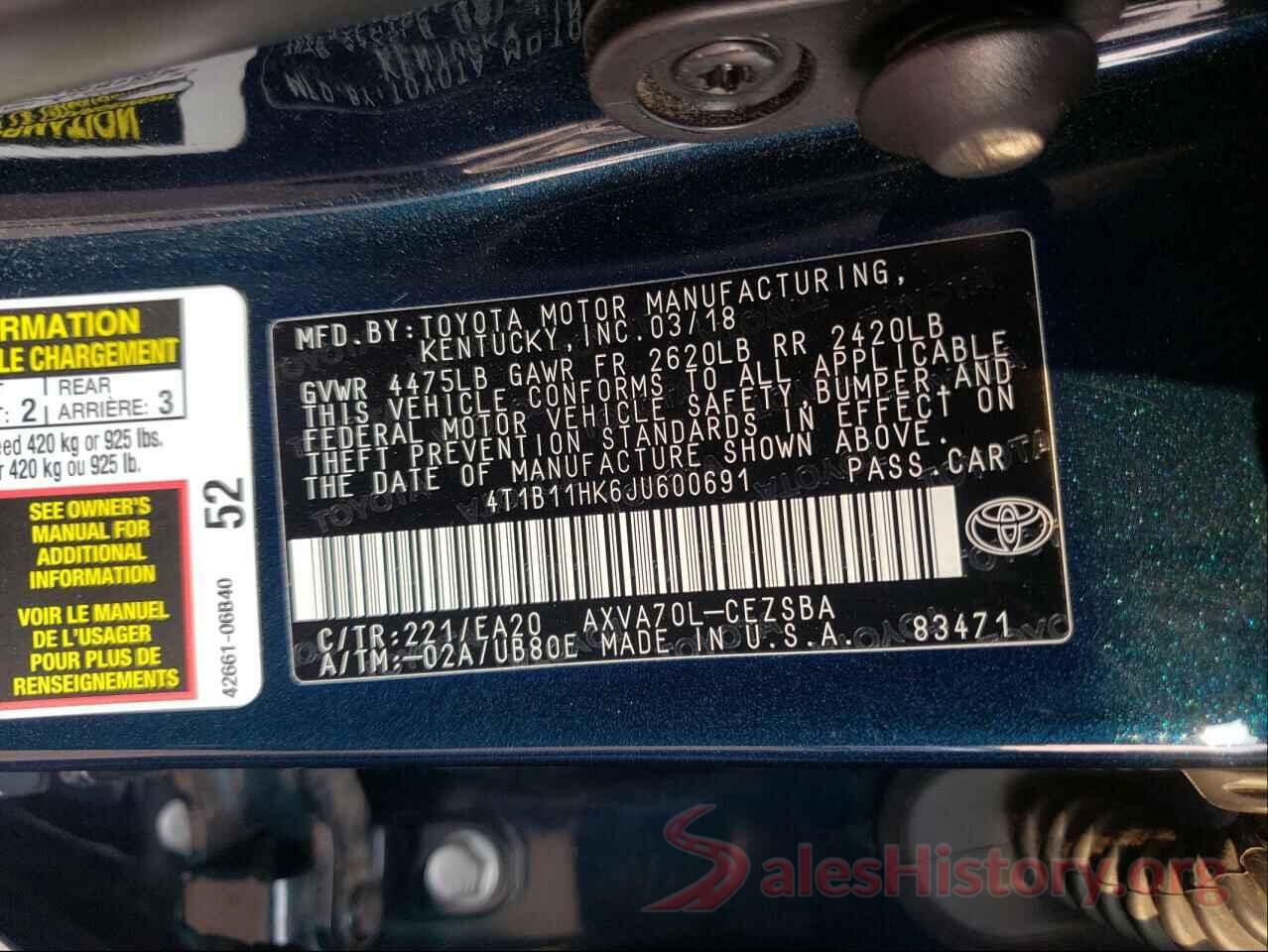 4T1B11HK6JU600691 2018 TOYOTA CAMRY