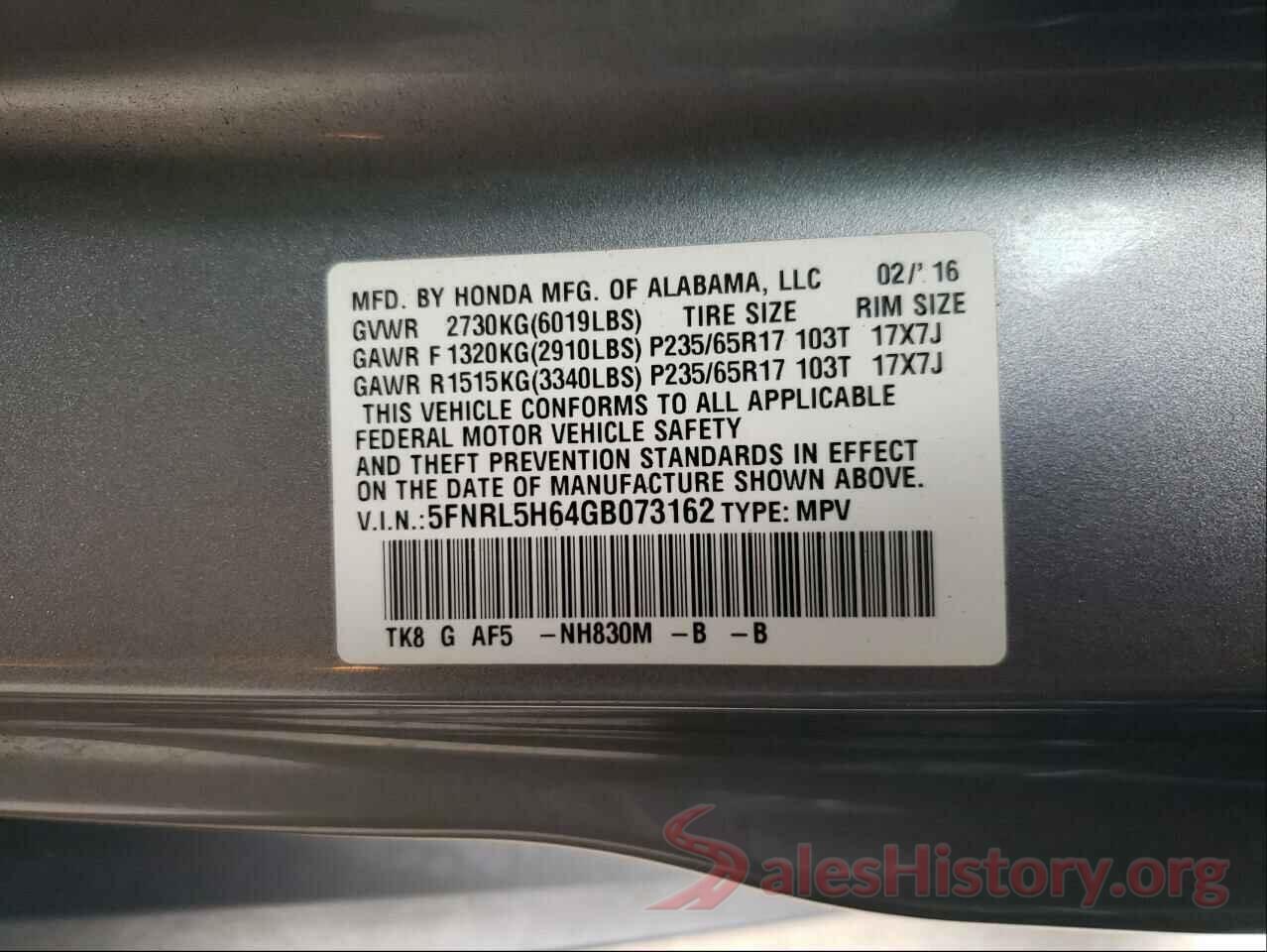 5FNRL5H64GB073162 2016 HONDA ODYSSEY