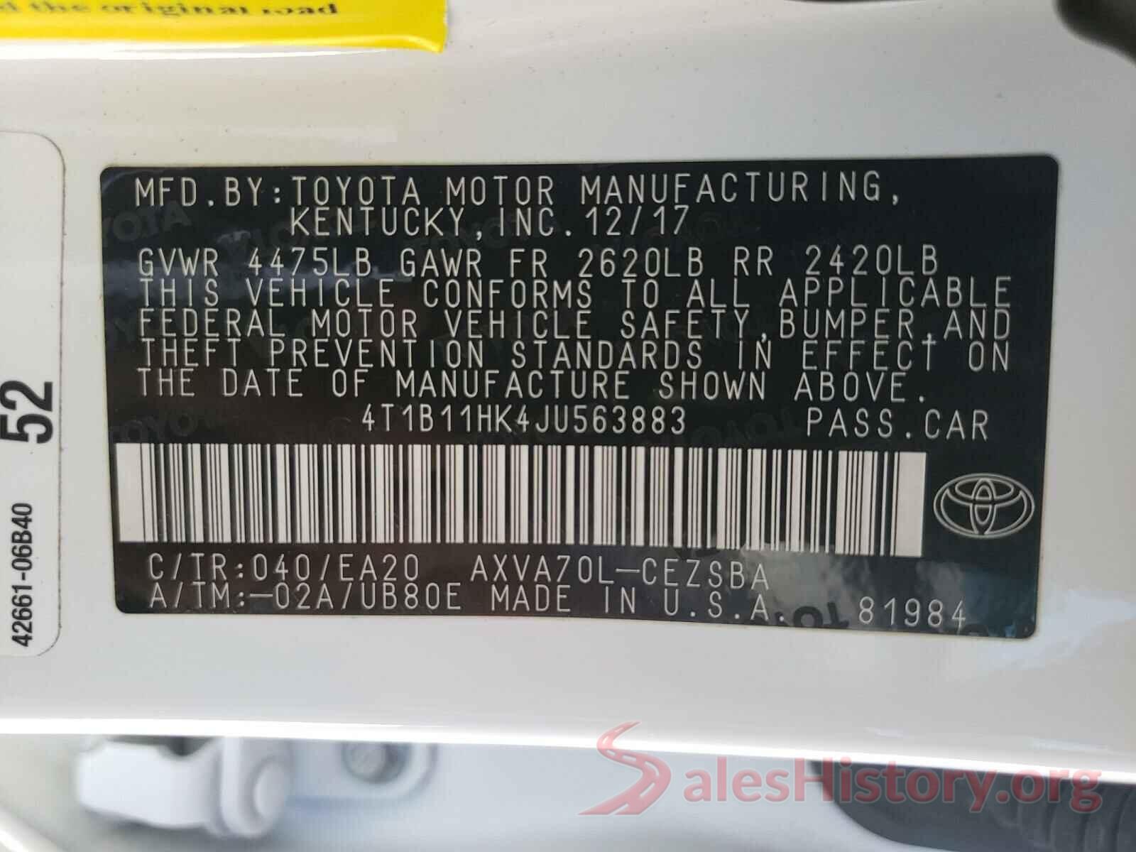 4T1B11HK4JU563883 2018 TOYOTA CAMRY