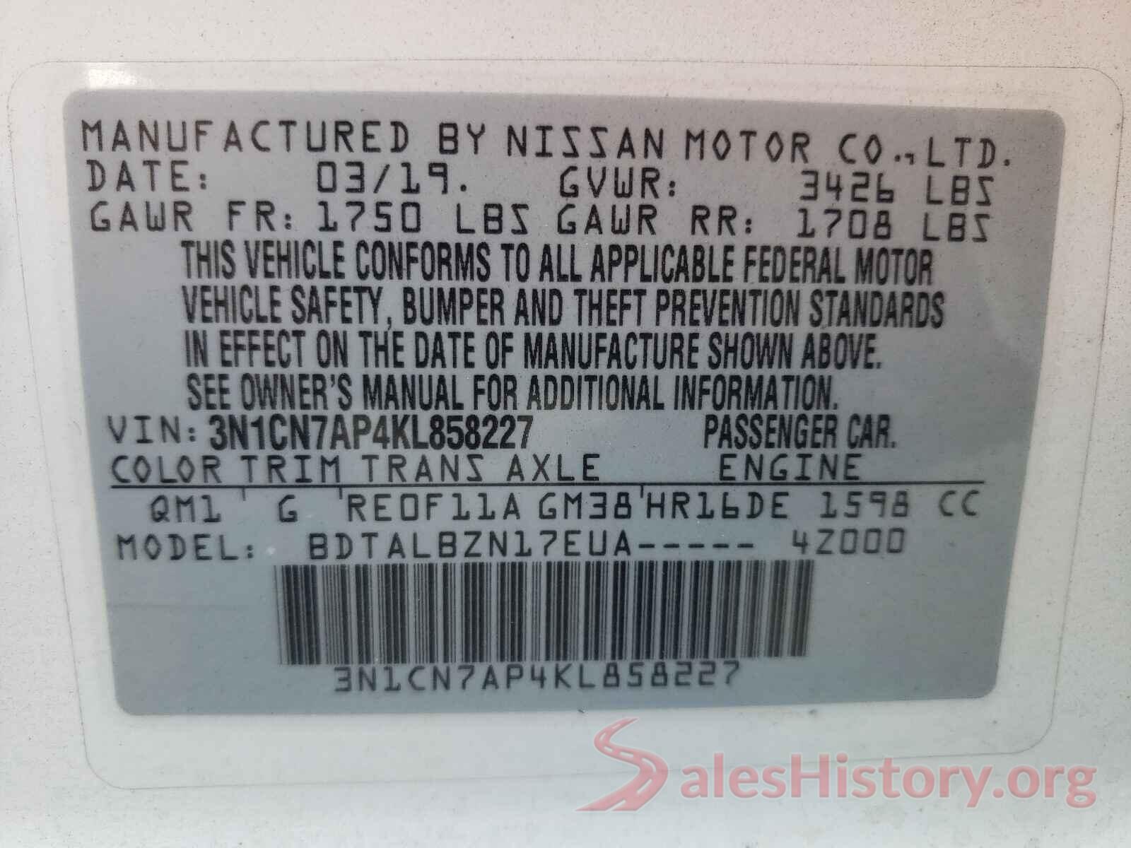 3N1CN7AP4KL858227 2019 NISSAN VERSA