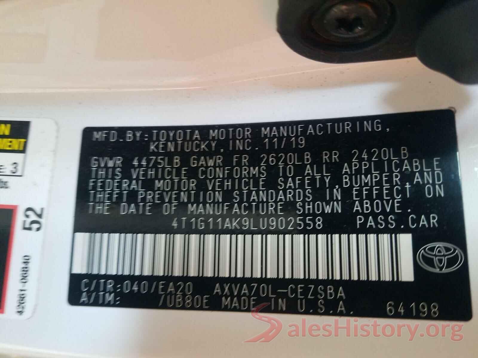 4T1G11AK9LU902558 2020 TOYOTA CAMRY