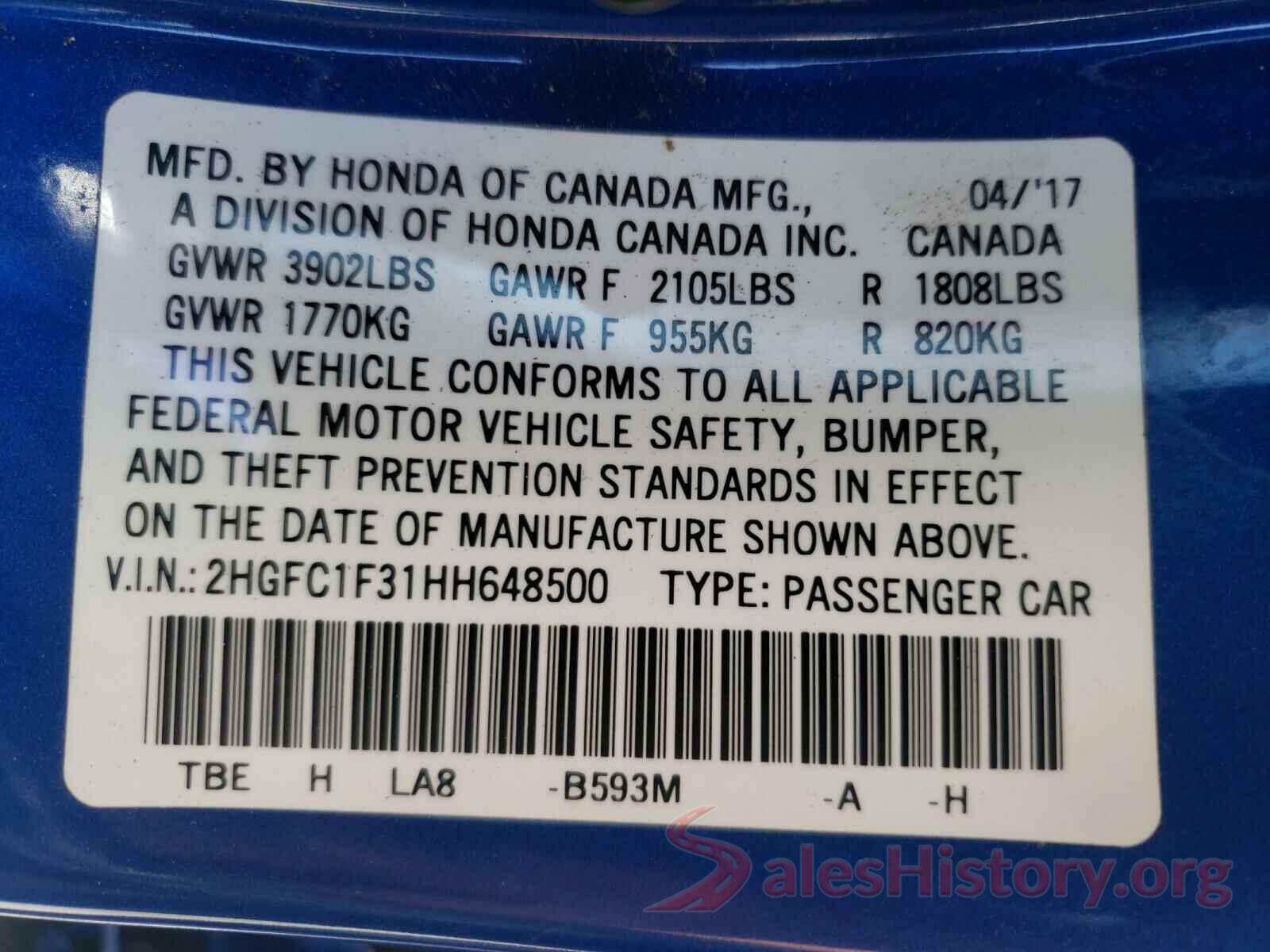 2HGFC1F31HH648500 2017 HONDA CIVIC