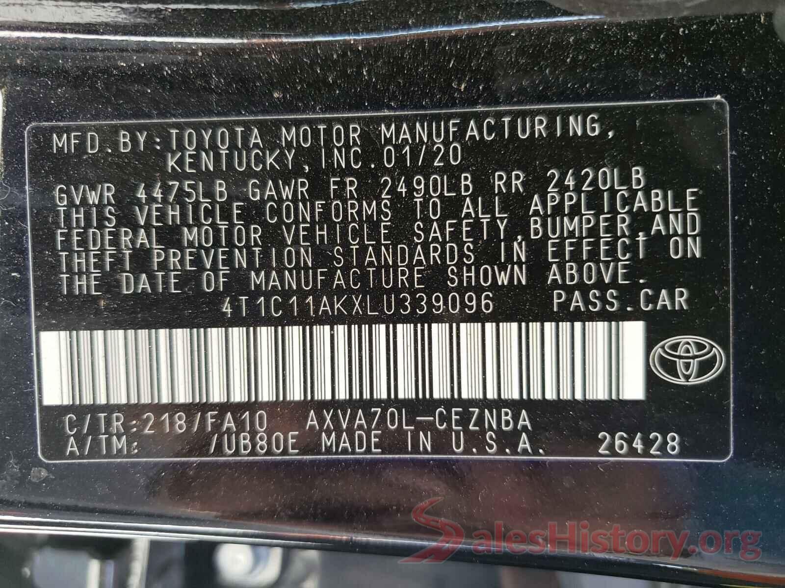 4T1C11AKXLU339096 2020 TOYOTA CAMRY