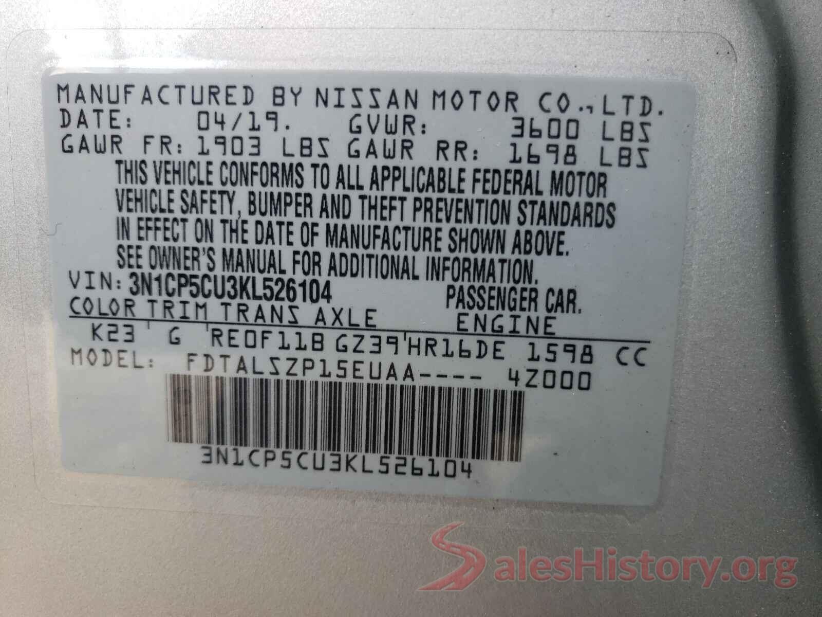 3N1CP5CU3KL526104 2019 NISSAN KICKS