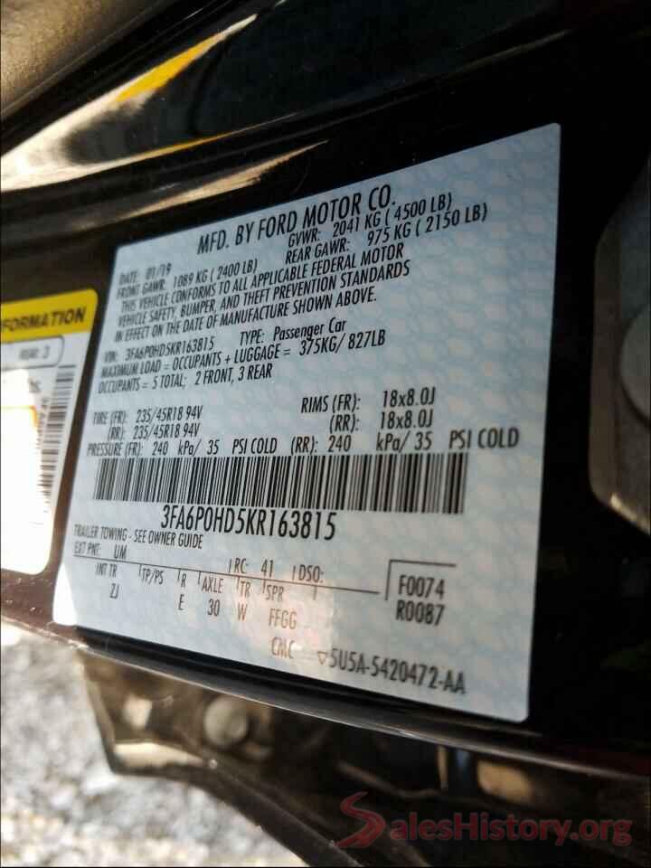 3FA6P0HD5KR163815 2019 FORD FUSION