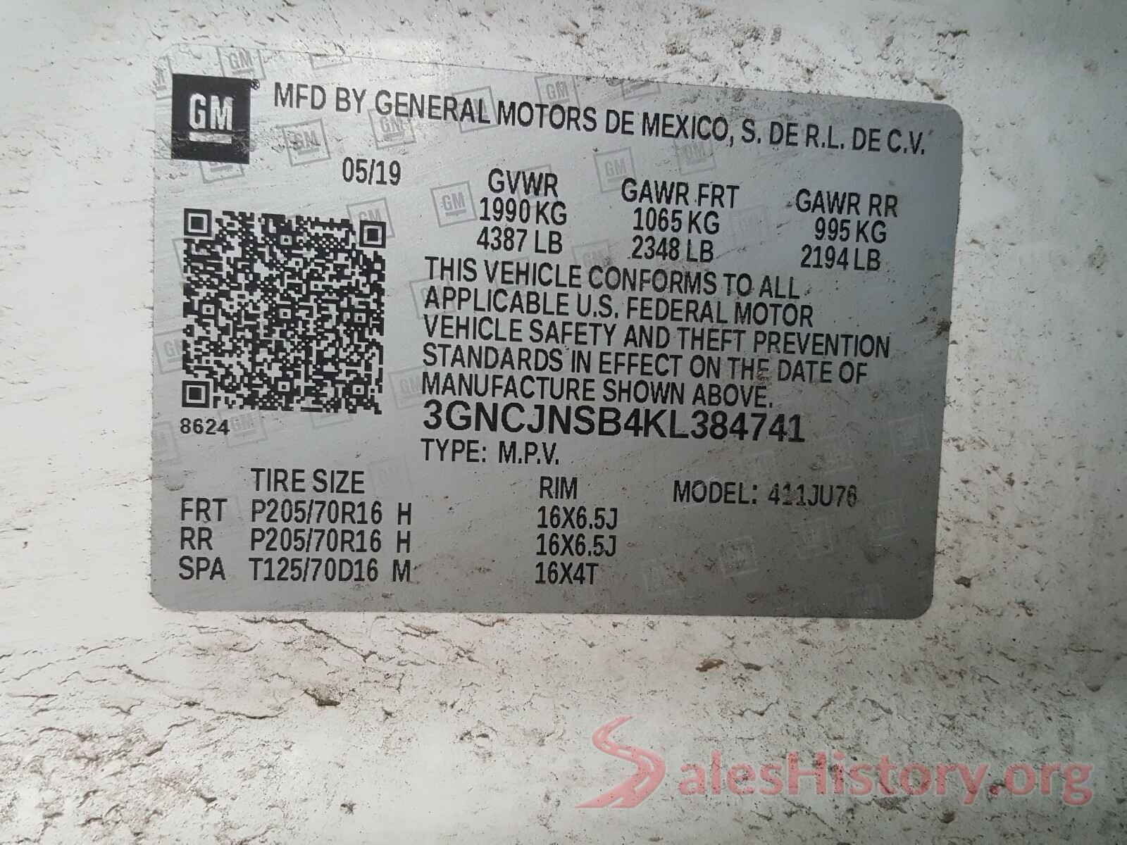 3GNCJNSB4KL384741 2019 CHEVROLET TRAX