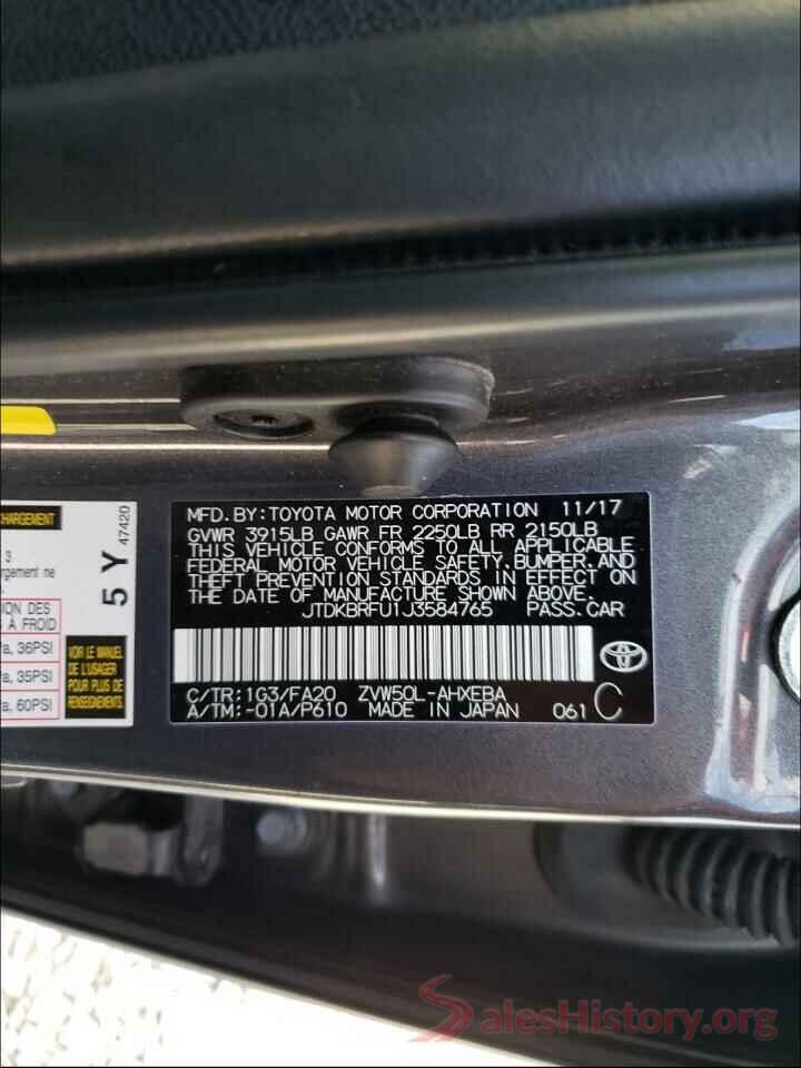 JTDKBRFU1J3584765 2018 TOYOTA PRIUS