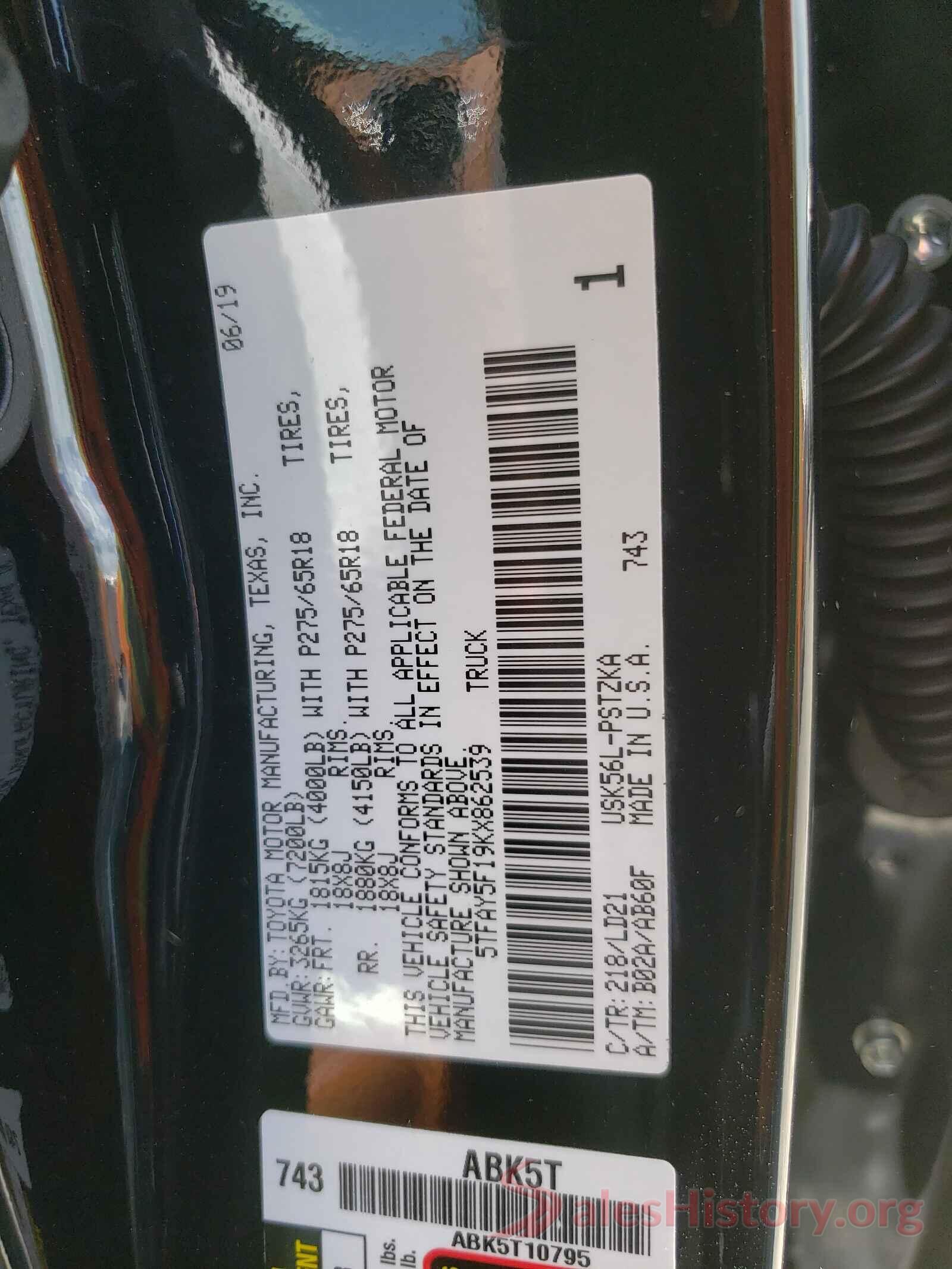 5TFAY5F19KX862539 2019 TOYOTA TUNDRA