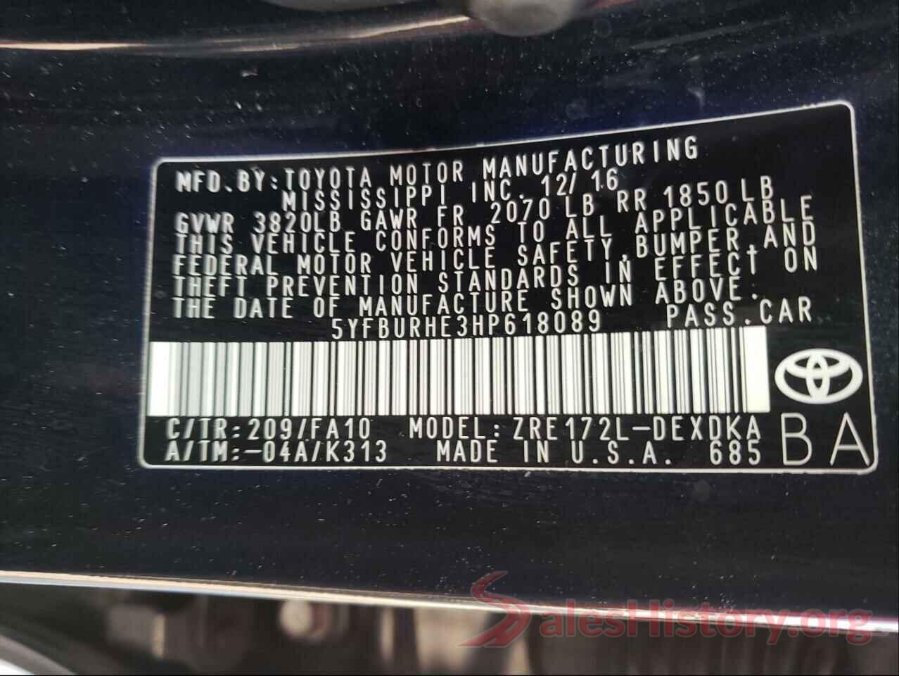 5YFBURHE3HP618089 2017 TOYOTA COROLLA