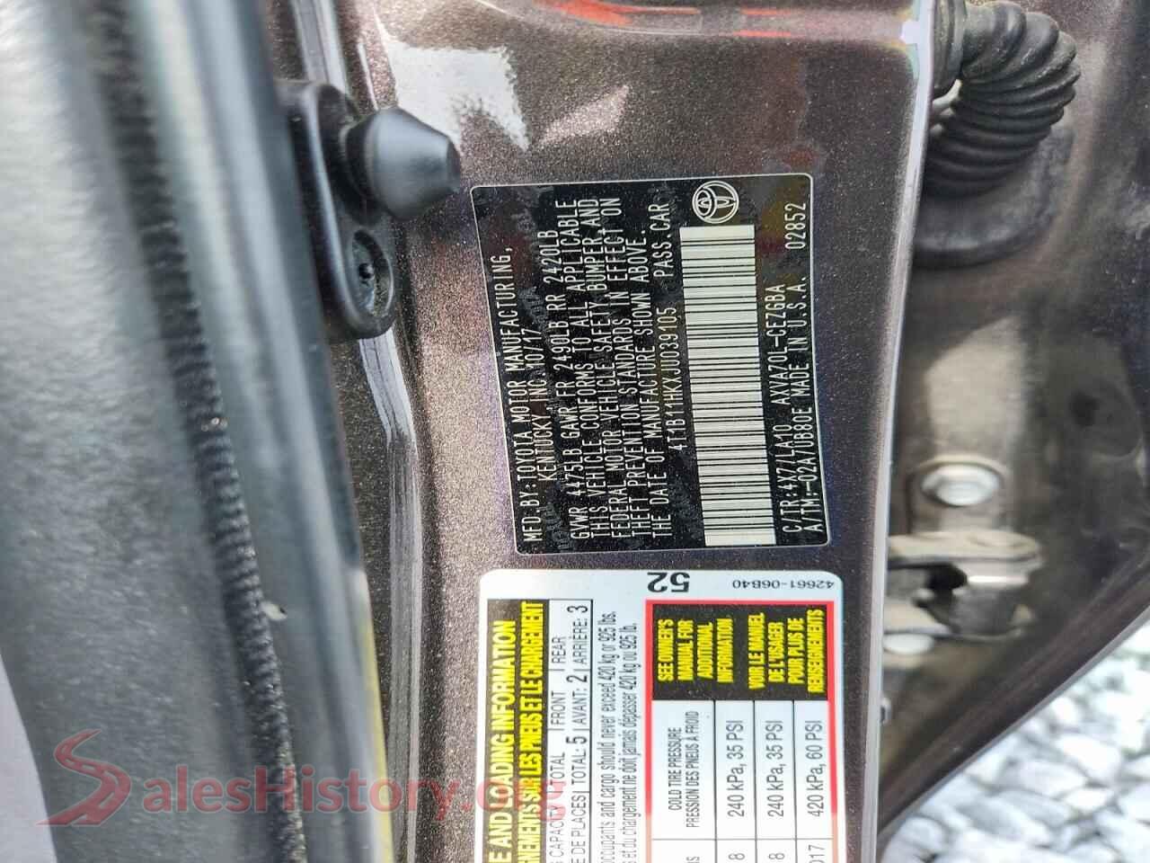2018 TOYOTA CAMRY VIN 4T1B11HKXJU039105, wheel and tire
