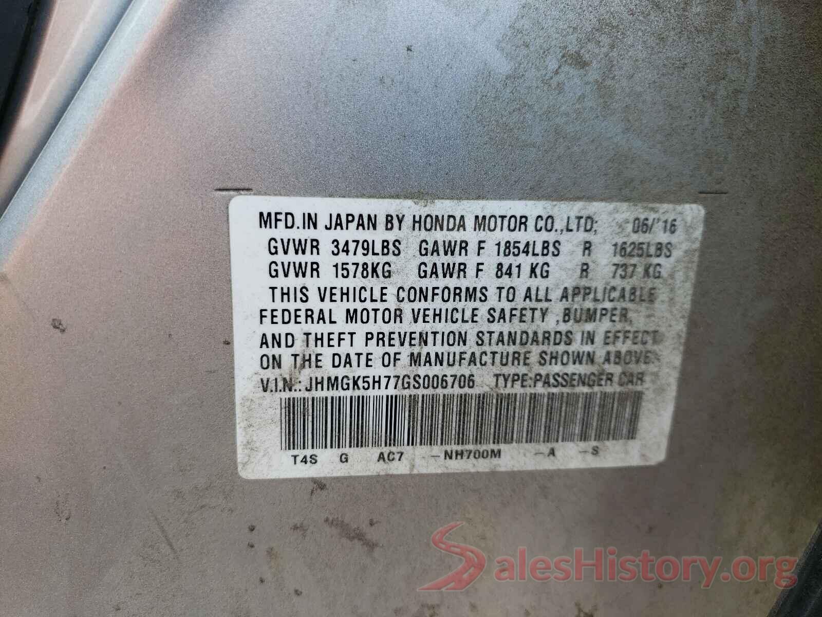 JHMGK5H77GS006706 2016 HONDA FIT