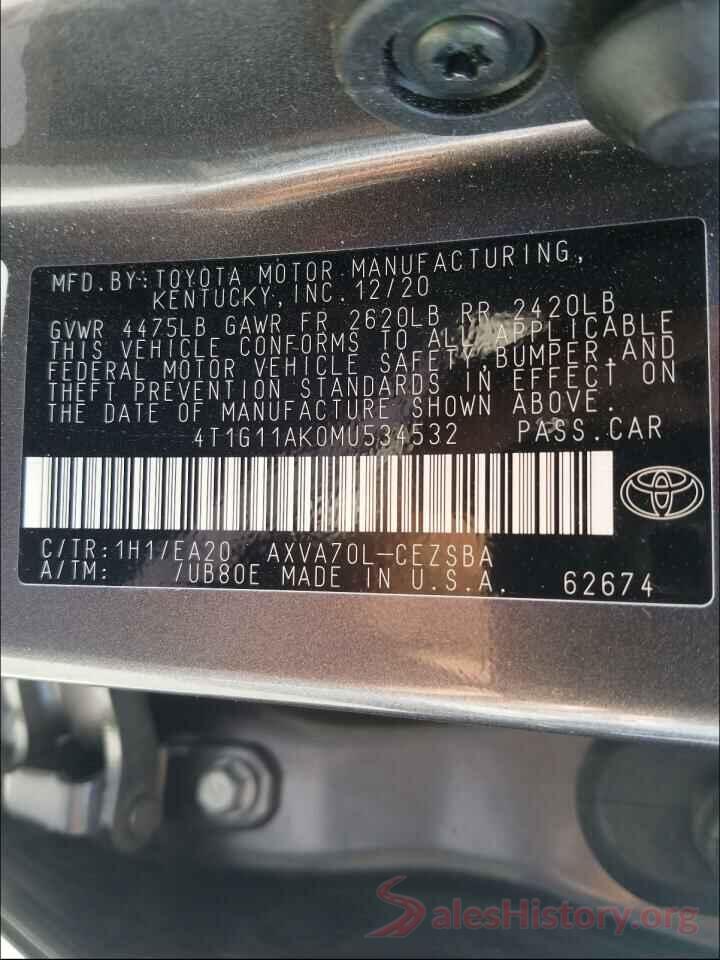 4T1G11AK0MU534532 2021 TOYOTA CAMRY