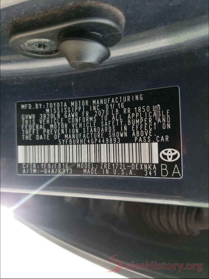 5YFBURHE4GP449893 2016 TOYOTA COROLLA