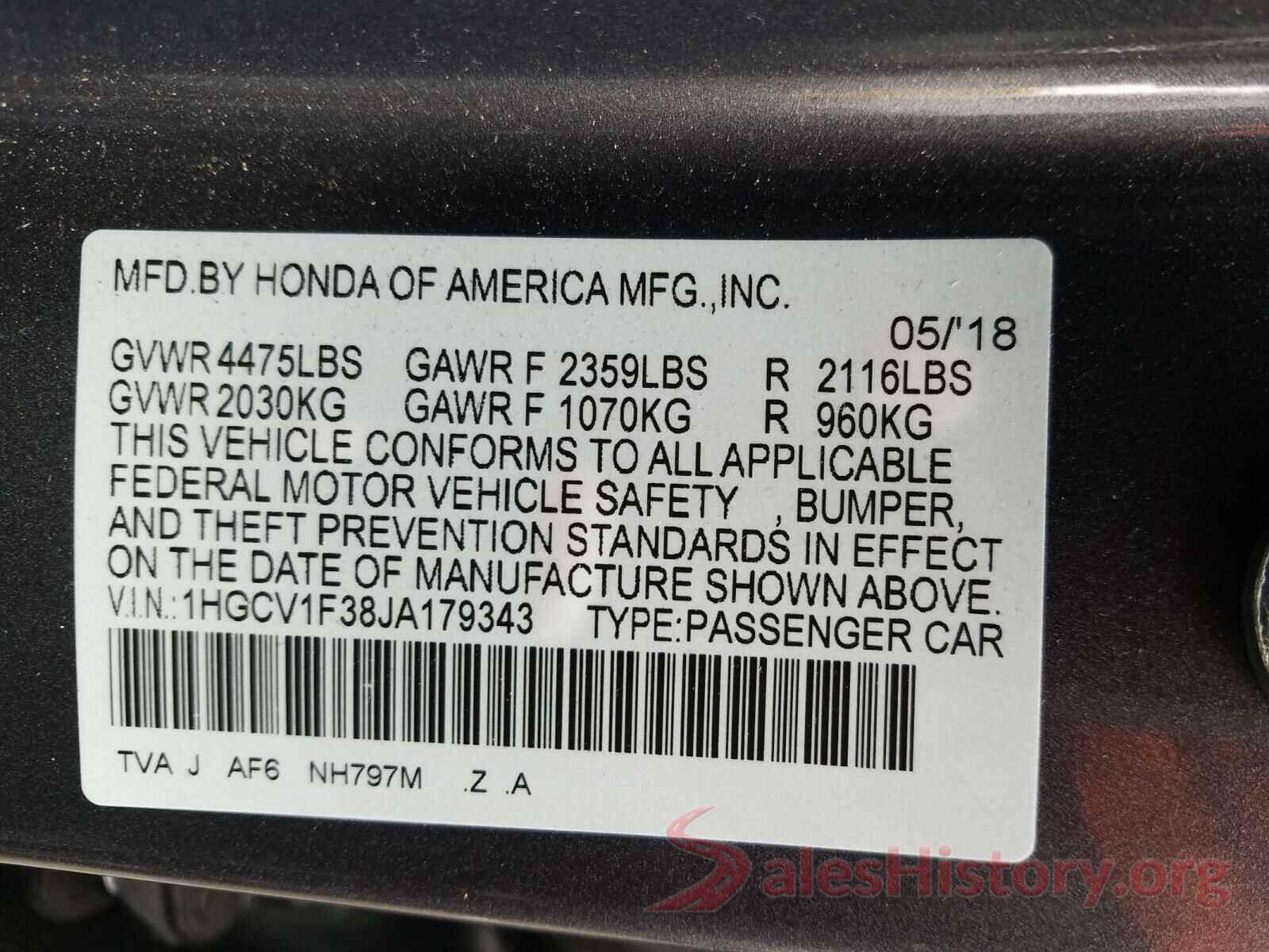 1HGCV1F38JA179343 2018 HONDA ACCORD