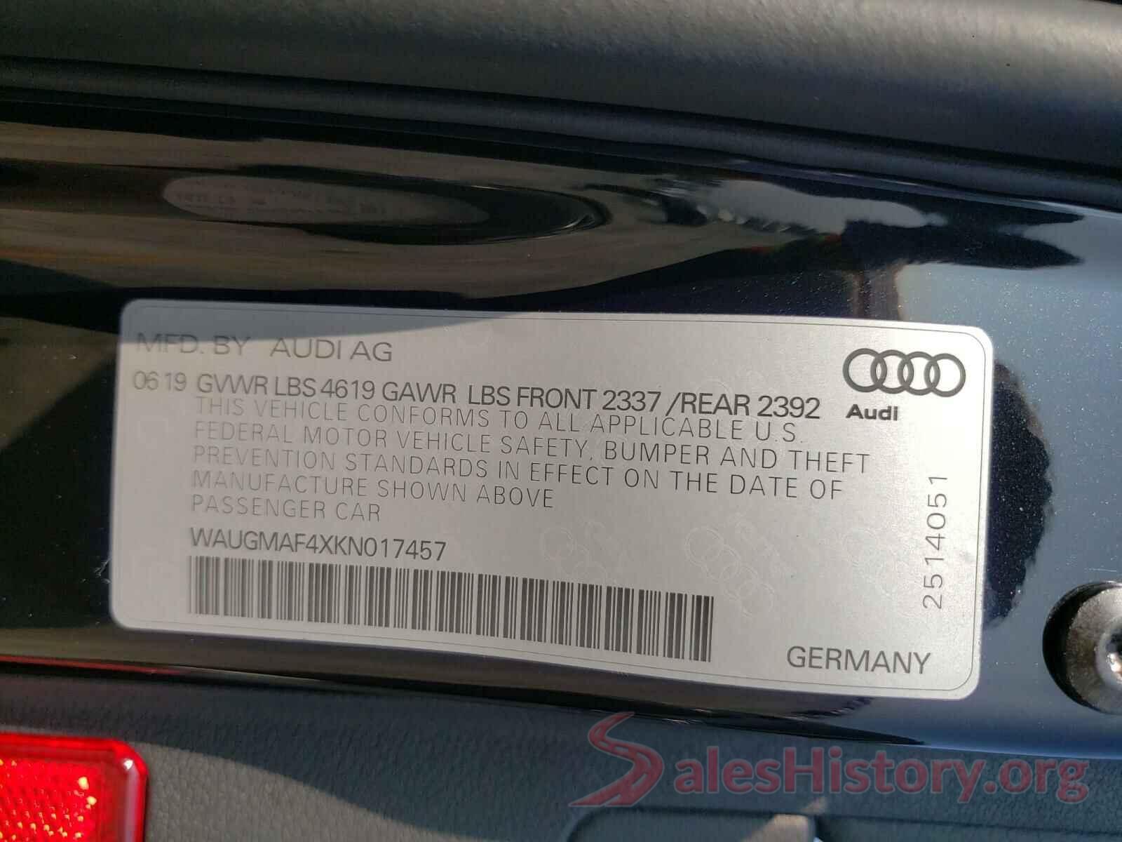 WAUGMAF4XKN017457 2019 AUDI A4