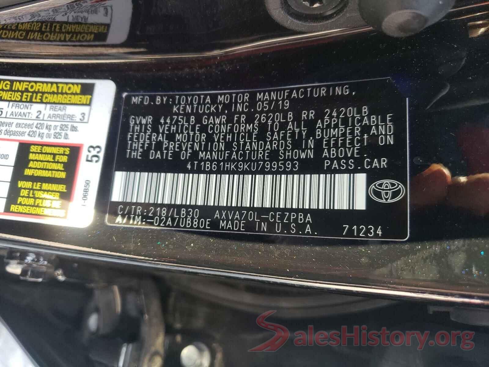 4T1B61HK9KU799593 2019 TOYOTA CAMRY