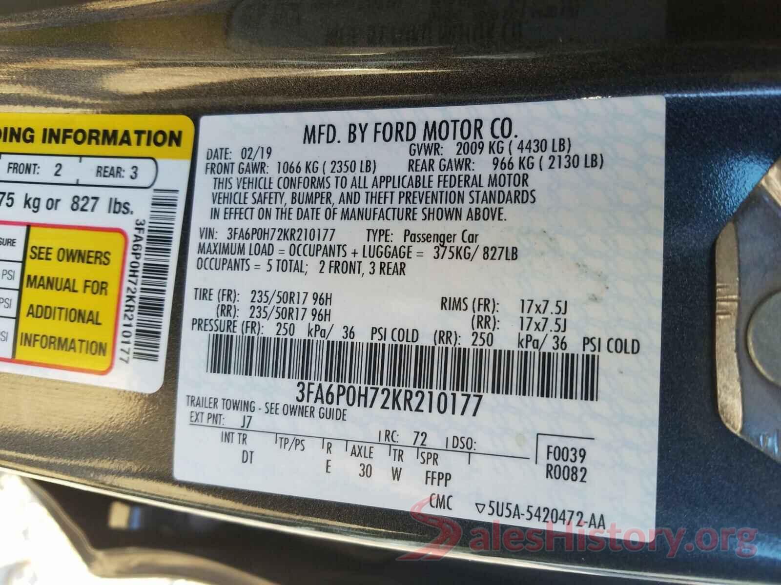 3FA6P0H72KR210177 2019 FORD FUSION