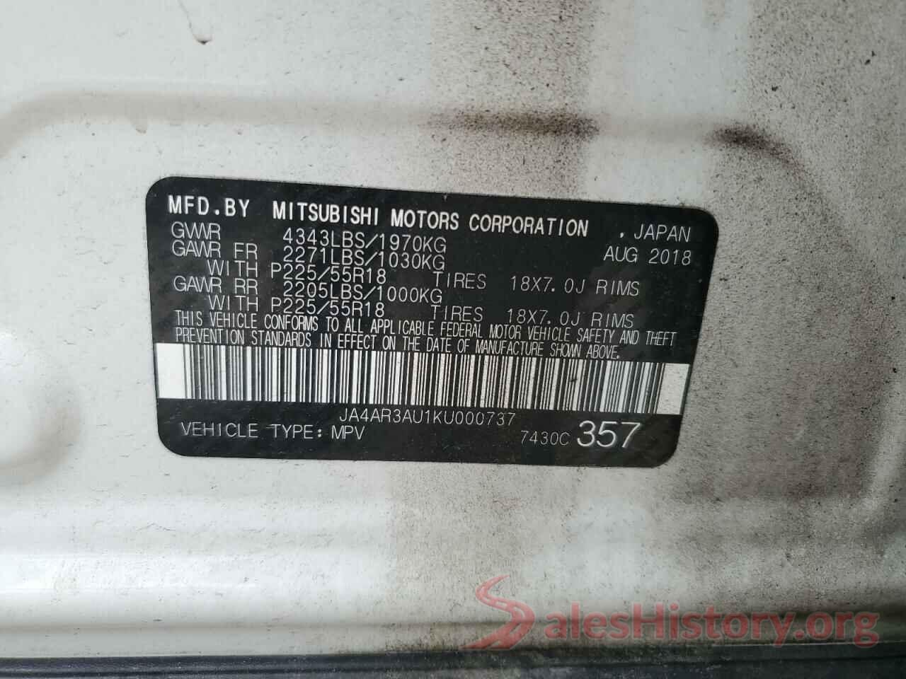 JA4AR3AU1KU000737 2019 MITSUBISHI OUTLANDER