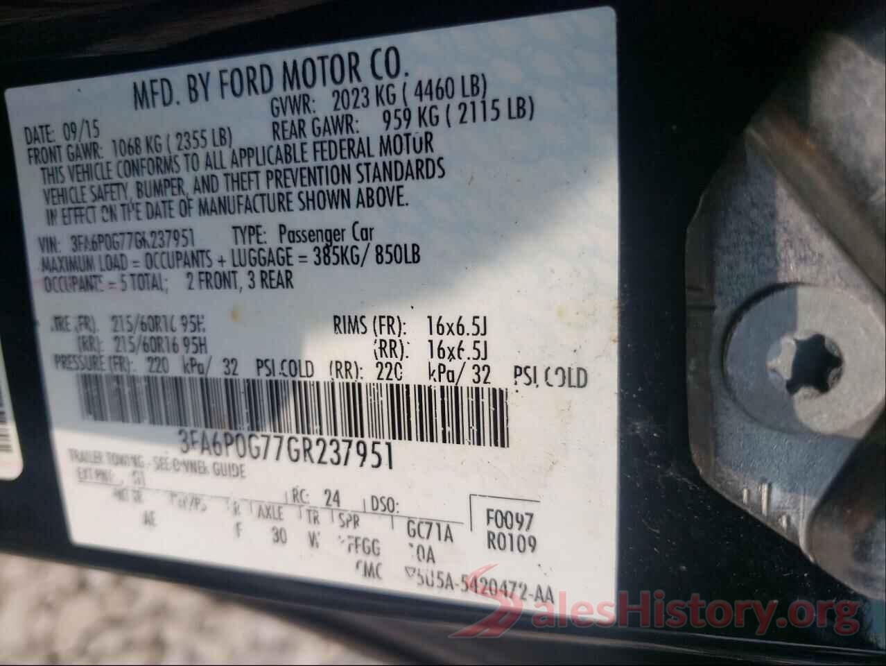 3FA6P0G77GR237951 2016 FORD FUSION