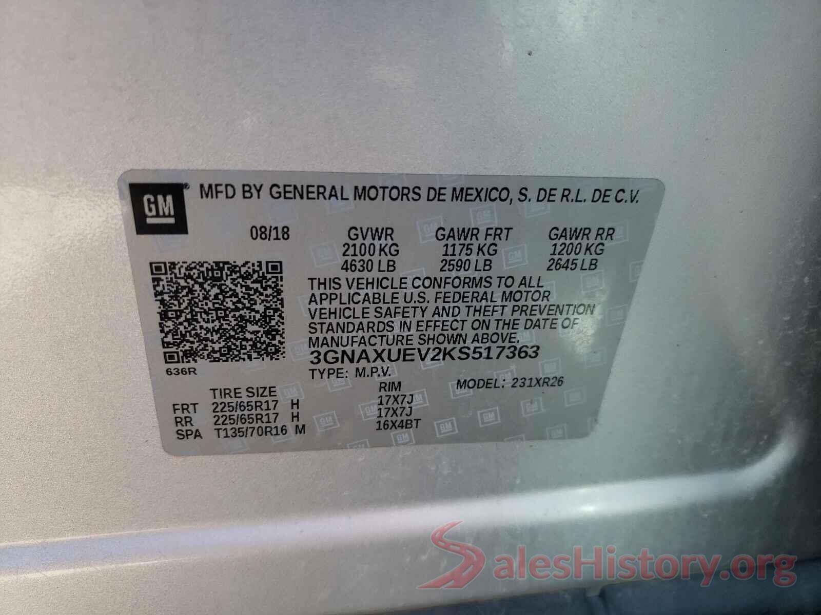 3GNAXUEV2KS517363 2019 CHEVROLET EQUINOX