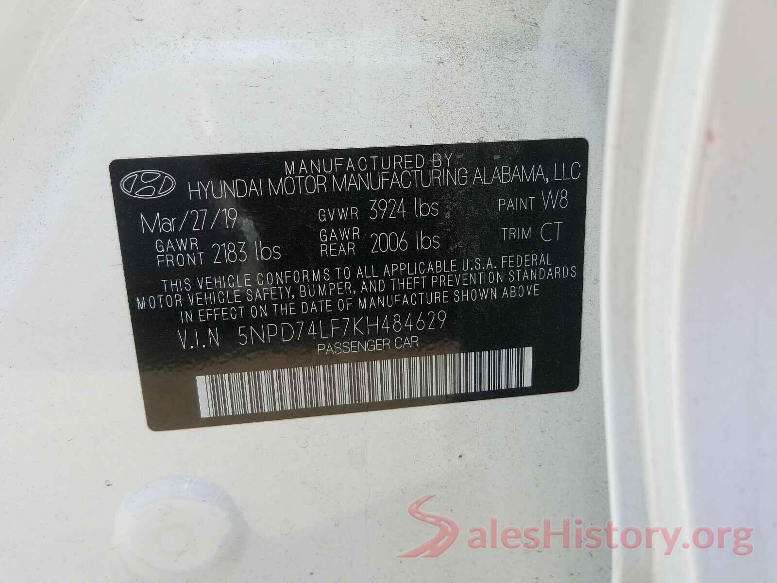 5NPD74LF7KH484629 2019 HYUNDAI ELANTRA