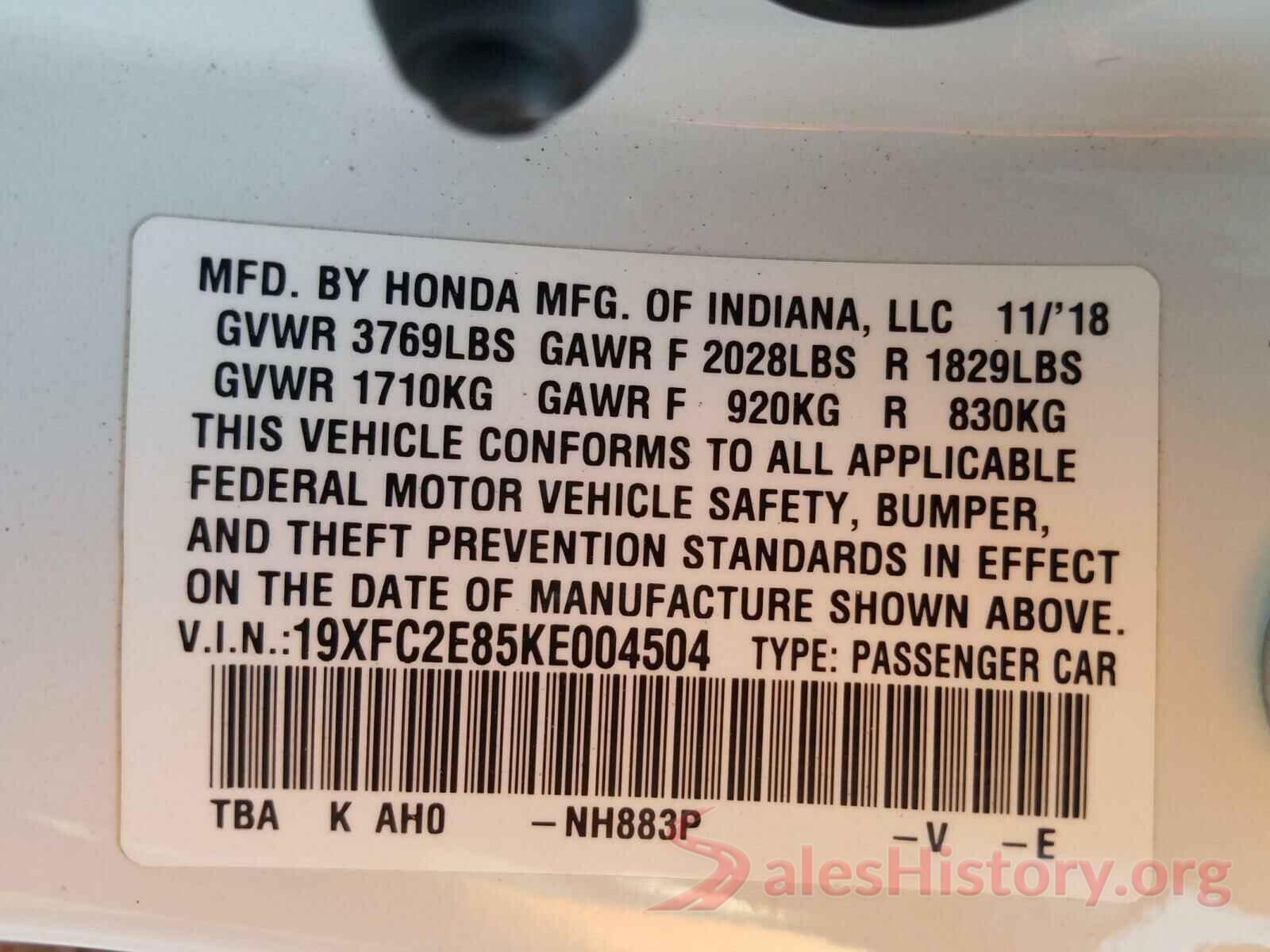 19XFC2E85KE004504 2019 HONDA CIVIC