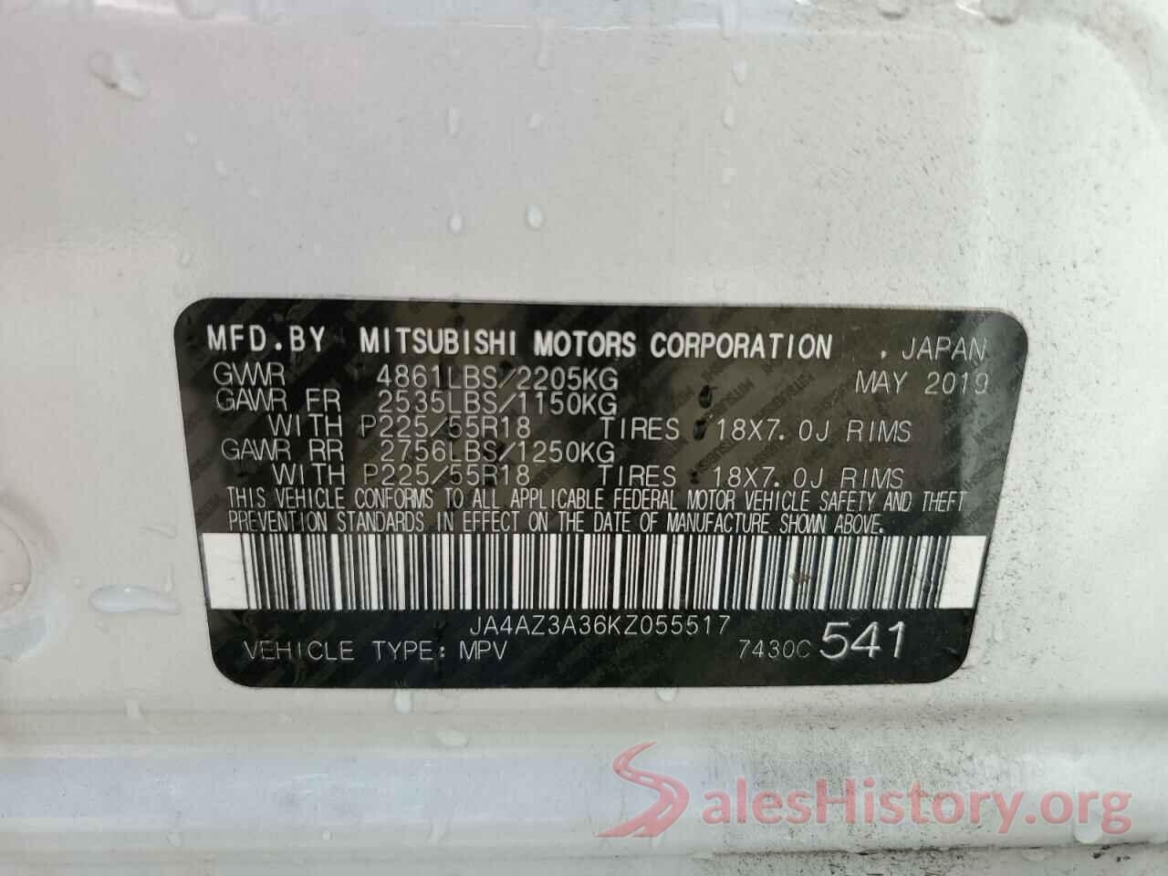 JA4AZ3A36KZ055517 2019 MITSUBISHI OUTLANDER