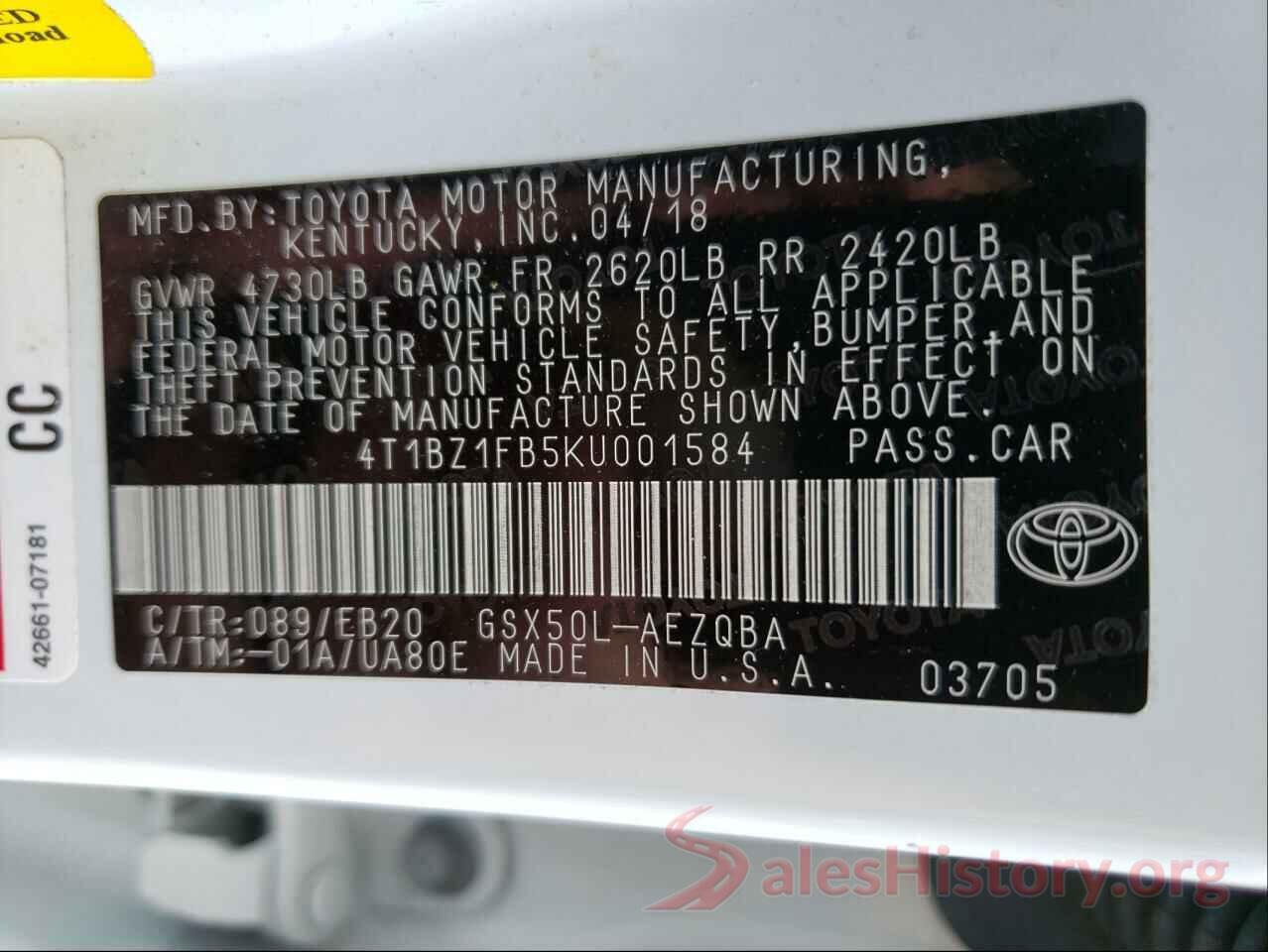 4T1BZ1FB5KU001584 2019 TOYOTA AVALON