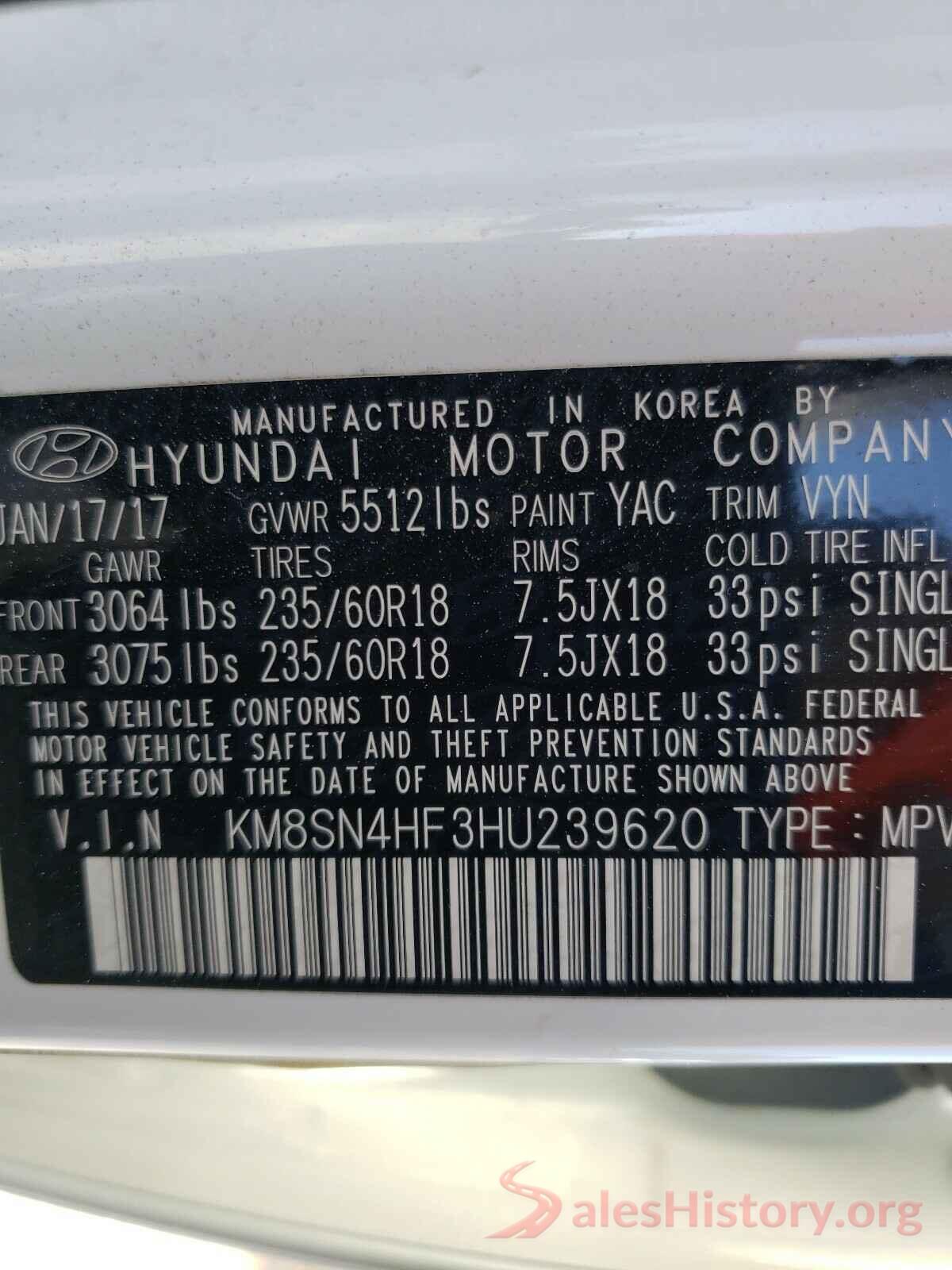 KM8SN4HF3HU239620 2017 HYUNDAI SANTA FE