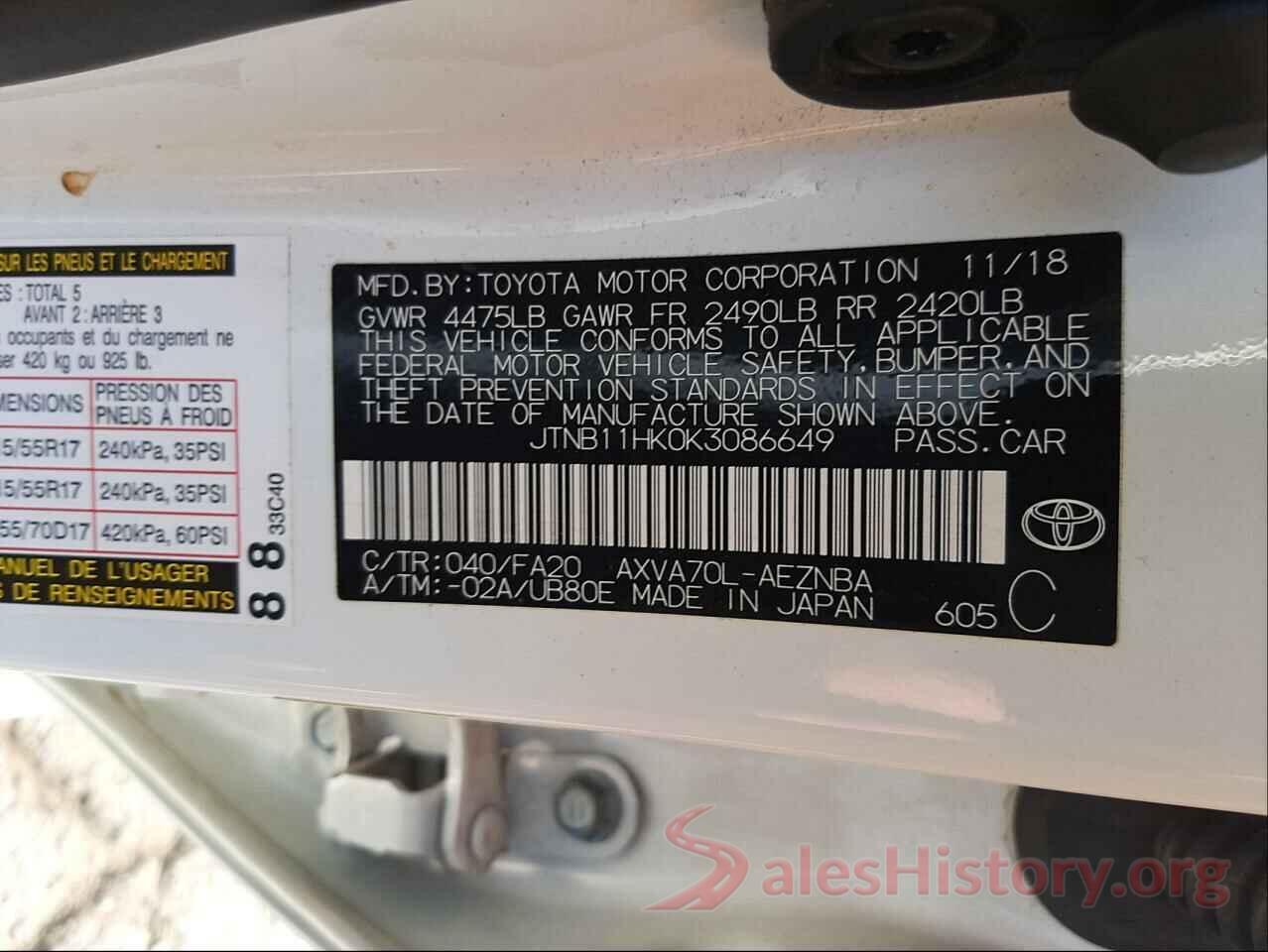 JTNB11HK0K3086649 2019 TOYOTA CAMRY