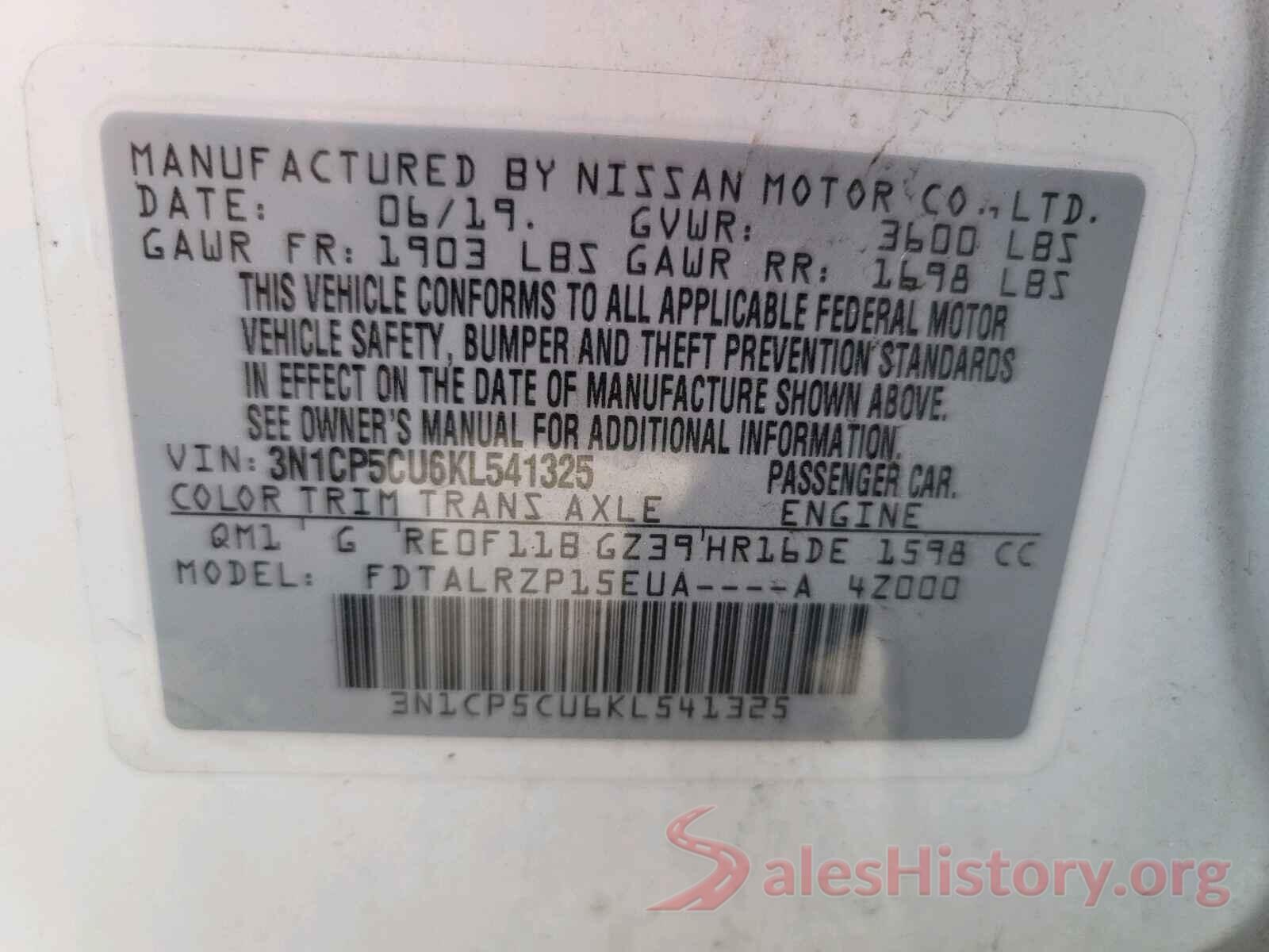 3N1CP5CU6KL541325 2019 NISSAN KICKS