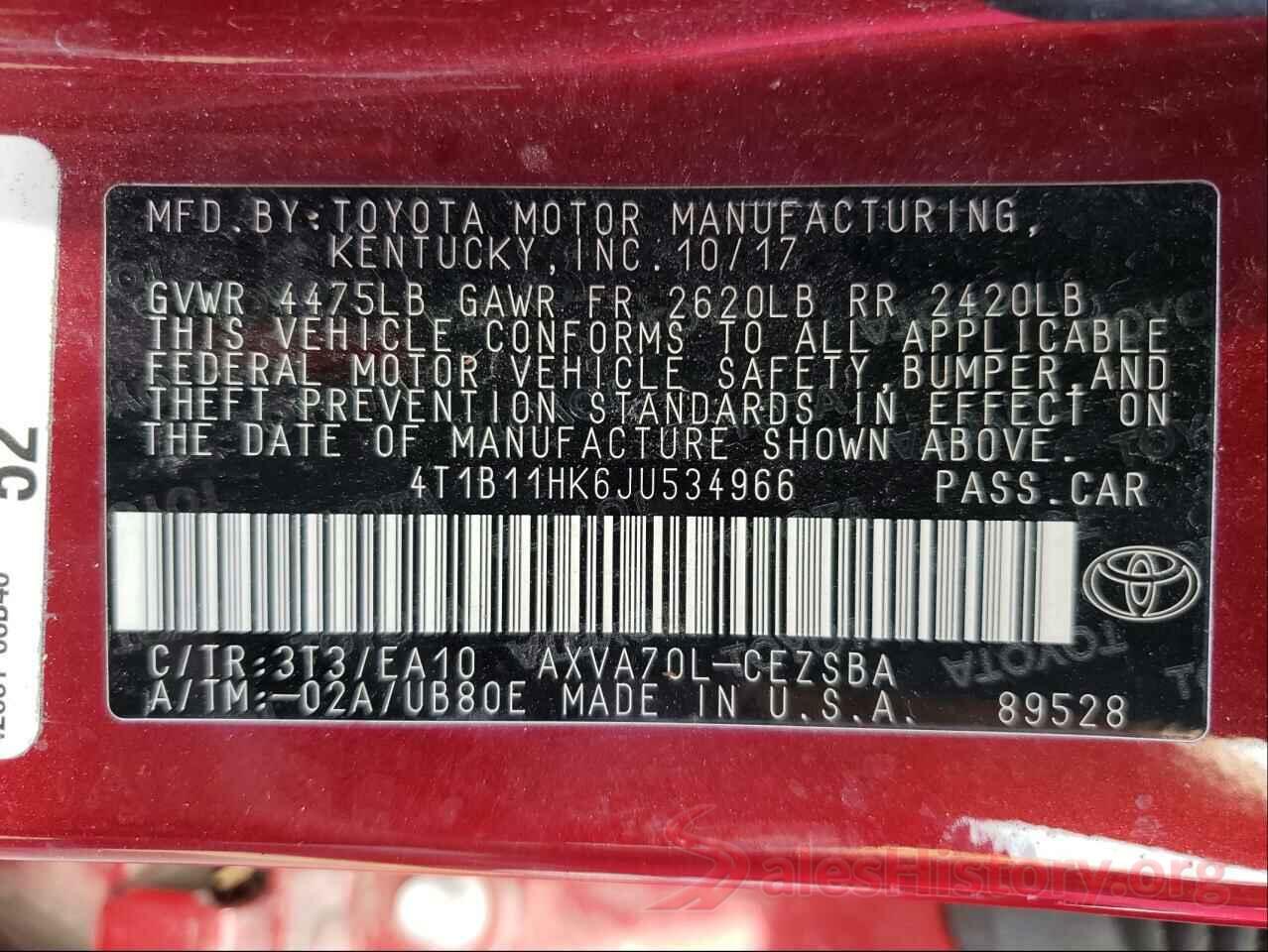 4T1B11HK6JU534966 2018 TOYOTA CAMRY