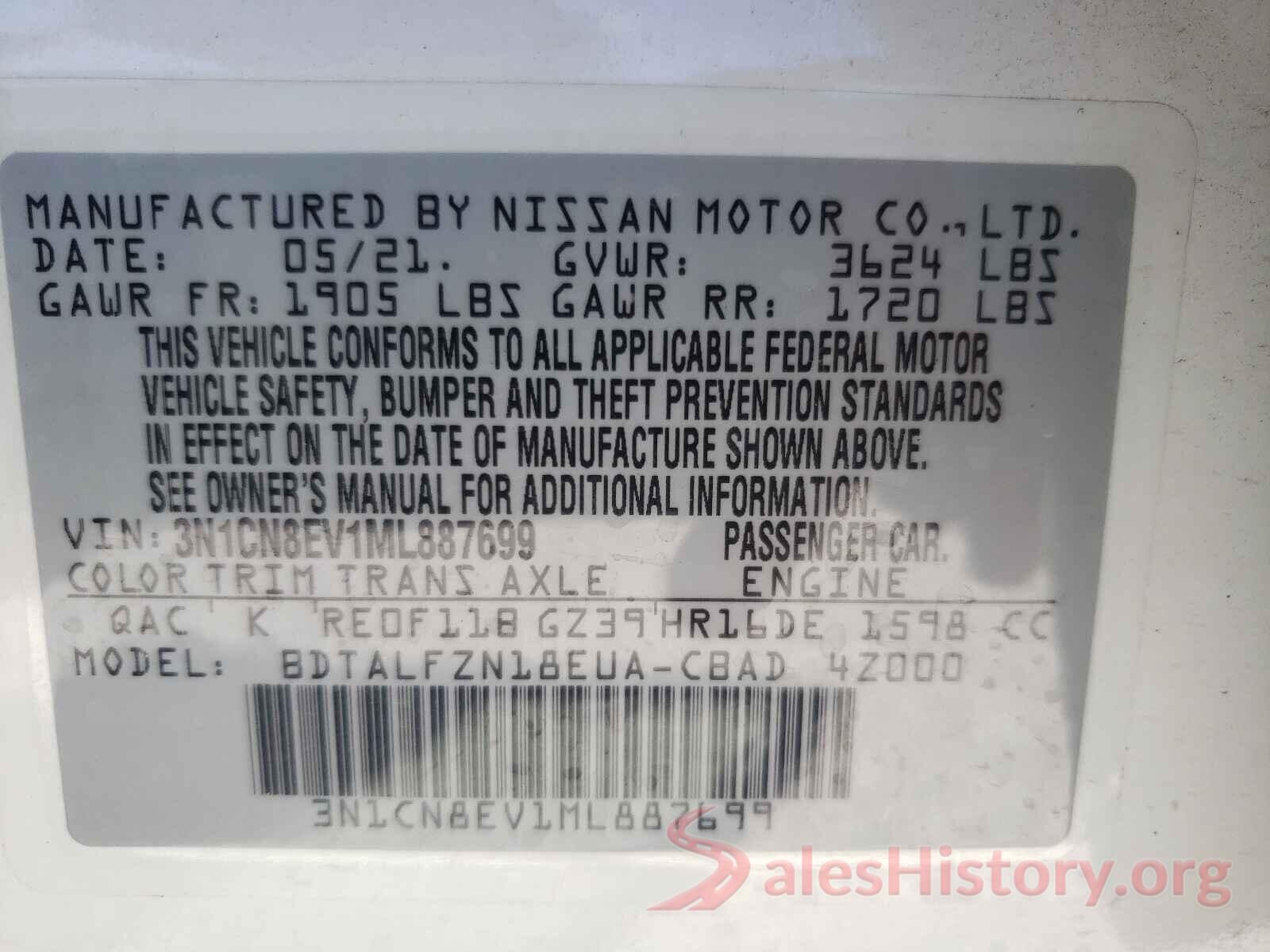 3N1CN8EV1ML887699 2021 NISSAN VERSA