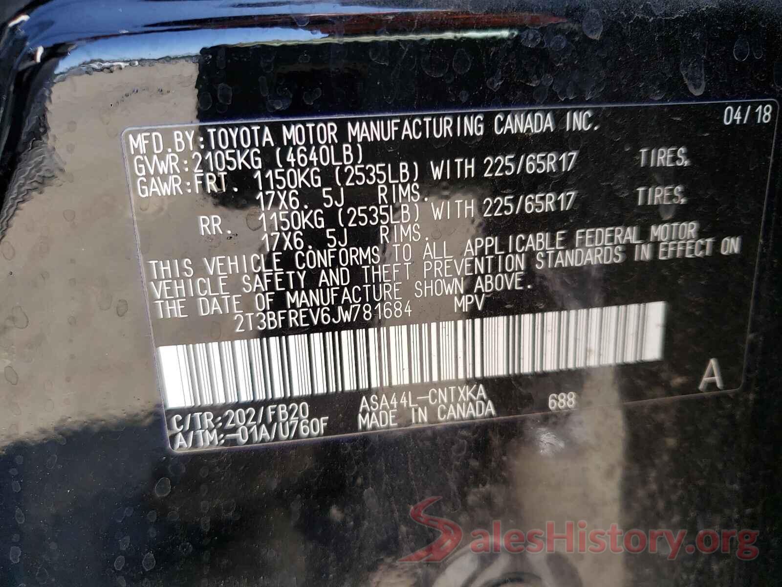 2T3BFREV6JW781684 2018 TOYOTA RAV4