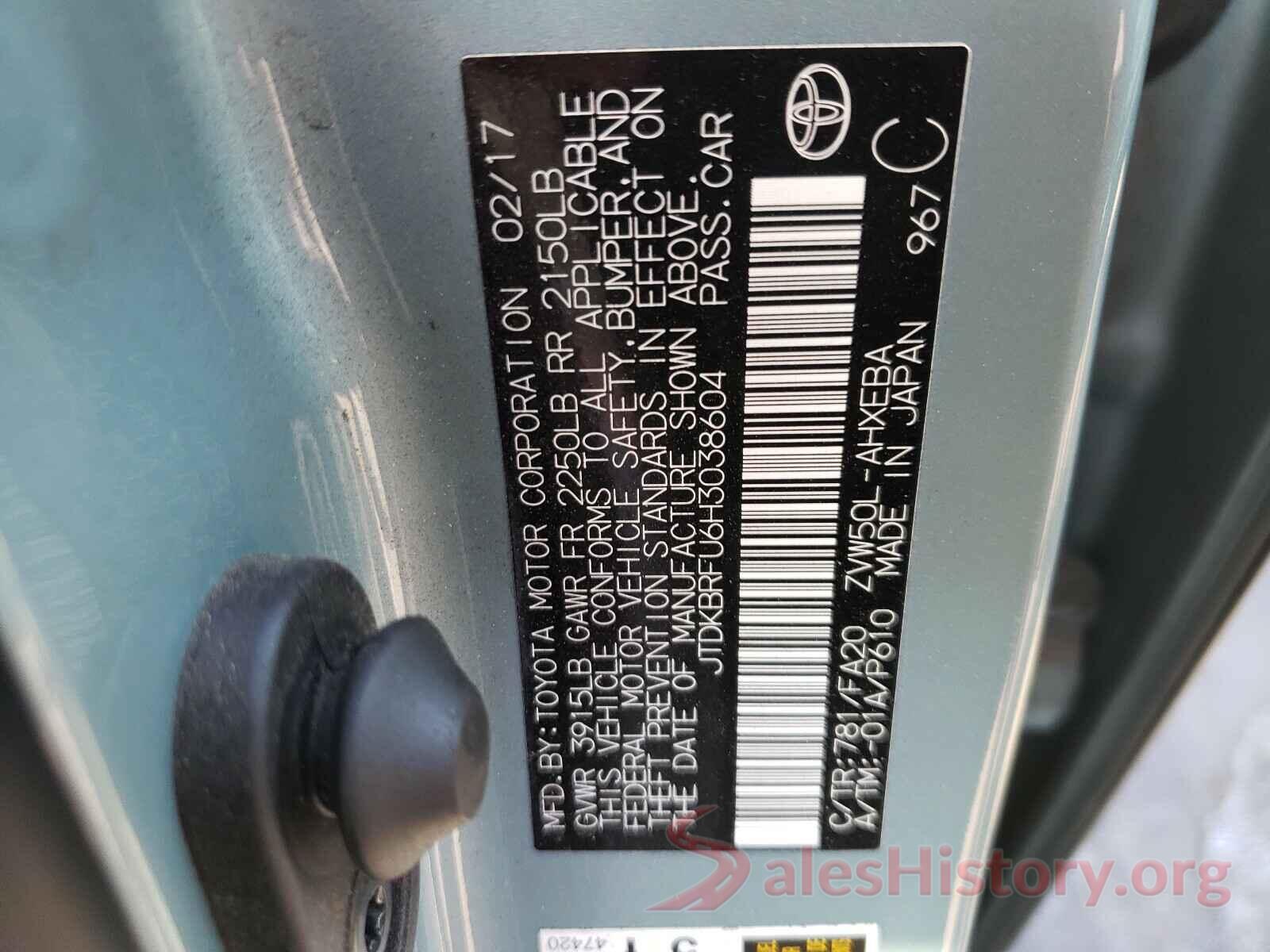 JTDKBRFU6H3038604 2017 TOYOTA PRIUS