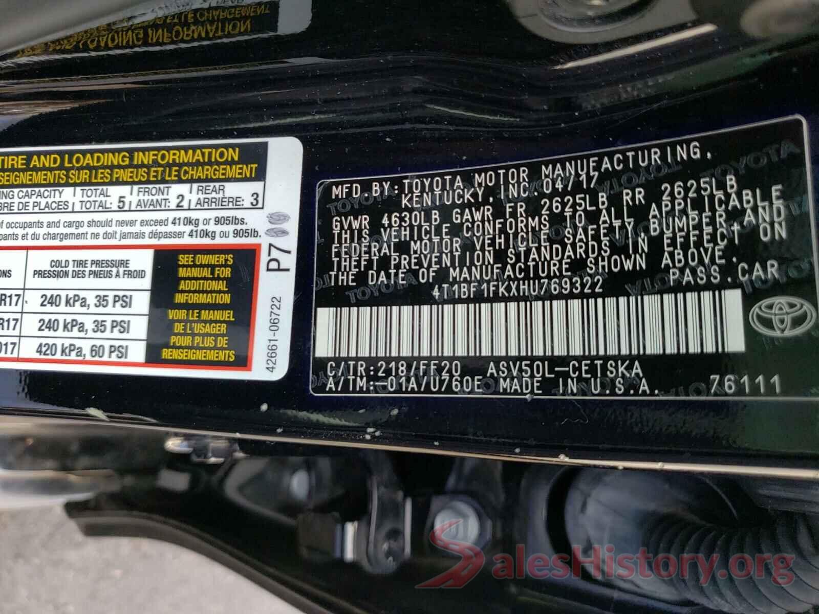 4T1BF1FKXHU769322 2017 TOYOTA CAMRY