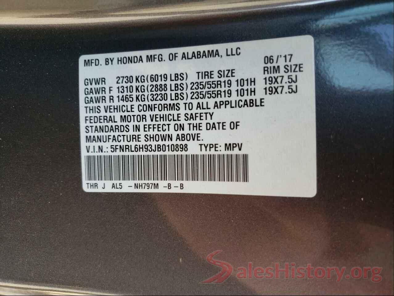 5FNRL6H93JB010898 2018 HONDA ODYSSEY